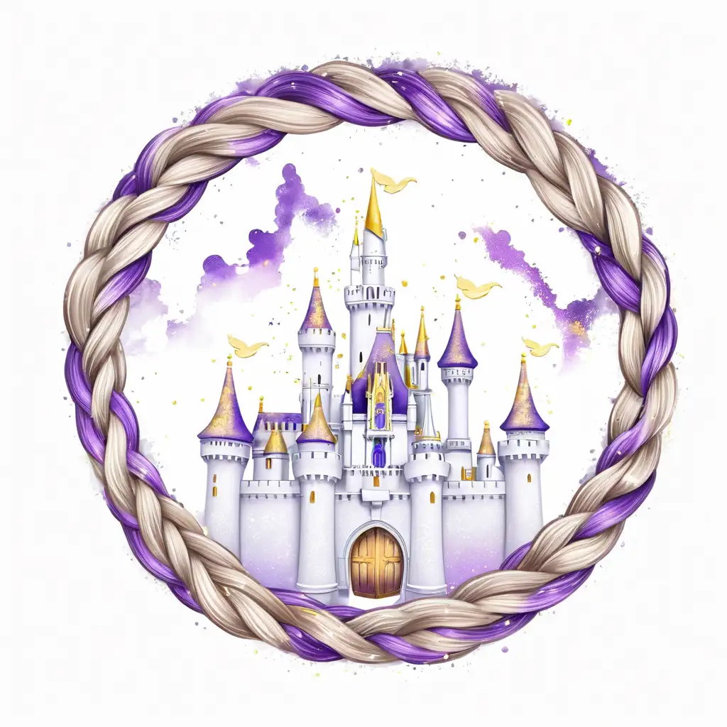 realistic. brown hair braid circle with flecks of purple and yellow. Disney inspired castle. 