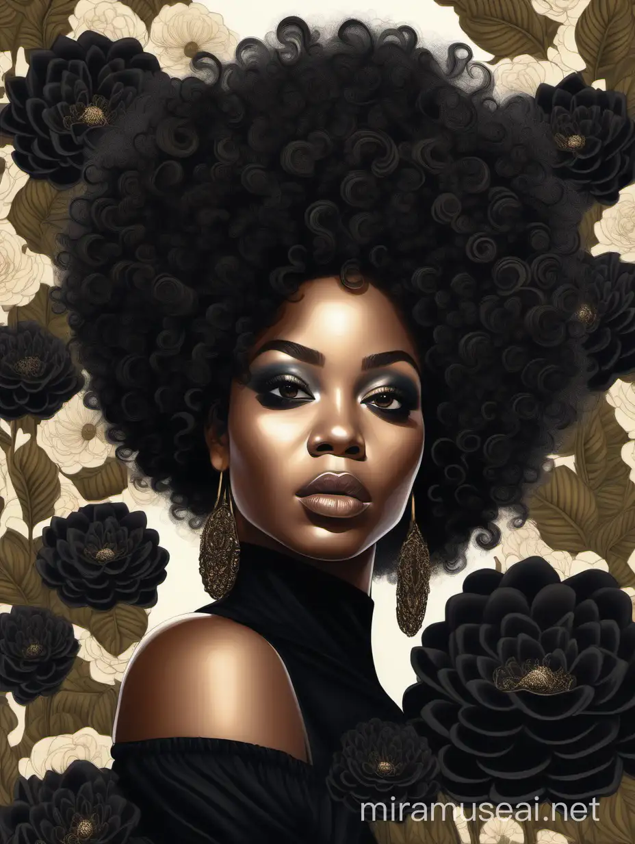 Create an oil painting image of a curvy black female wearing a black off the shoulder blouse and she is looking down with Prominent makeup. Highly detailed tightly curly black afro. Background of large black flowers surrounding her