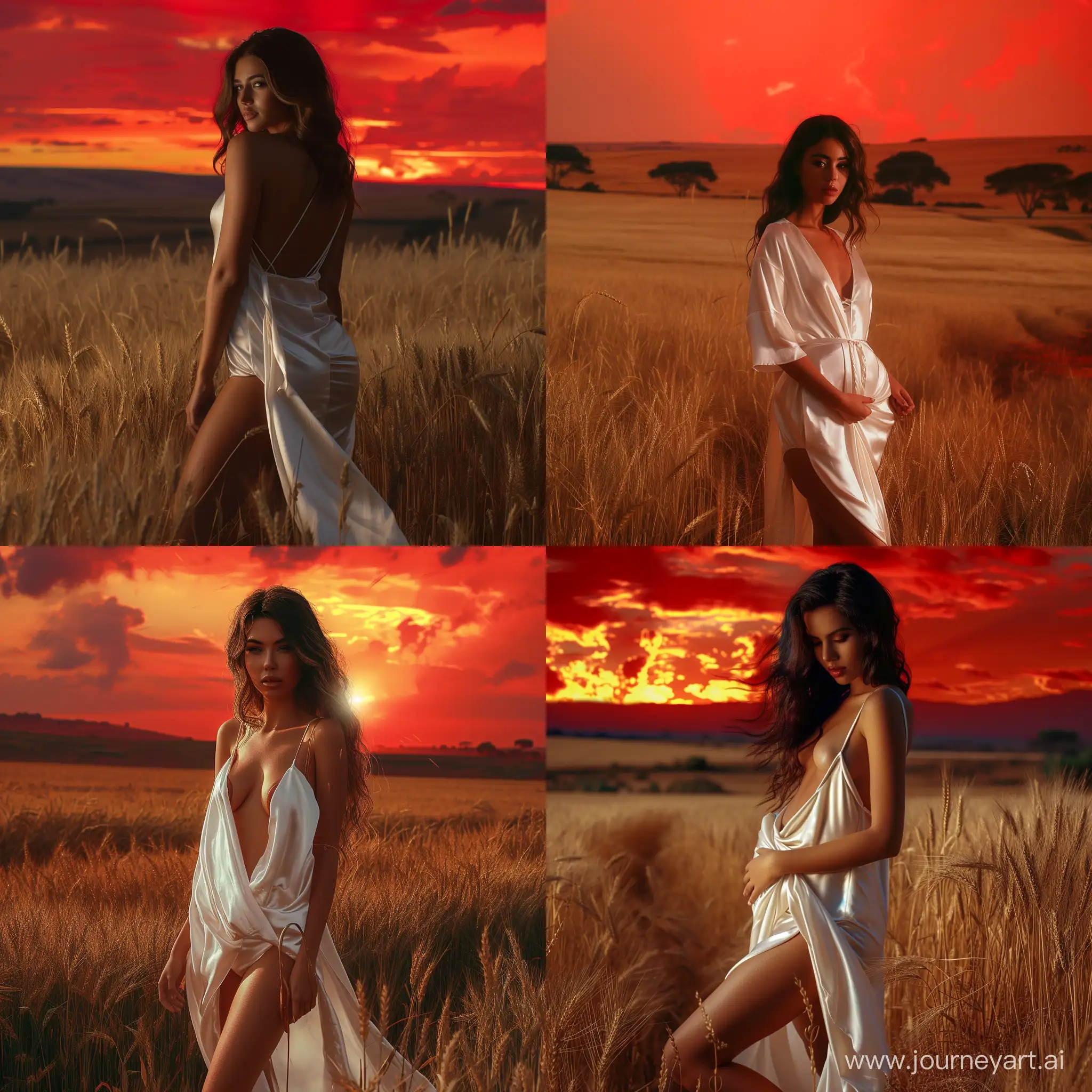 Hour glass physique, brunette model that doesn’t exist in real life, standing i a wheat field in a red African sun set, wearing a white silk night gown