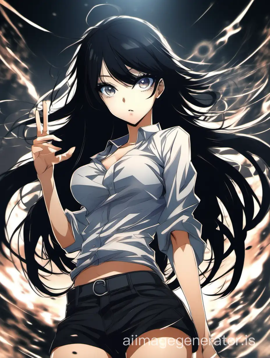 девушка, стихия хаоса, черные цвета волос, смотрит в объектив , аниме стиль, мультяшный, видно полный рост,грудь , стоит по пояс