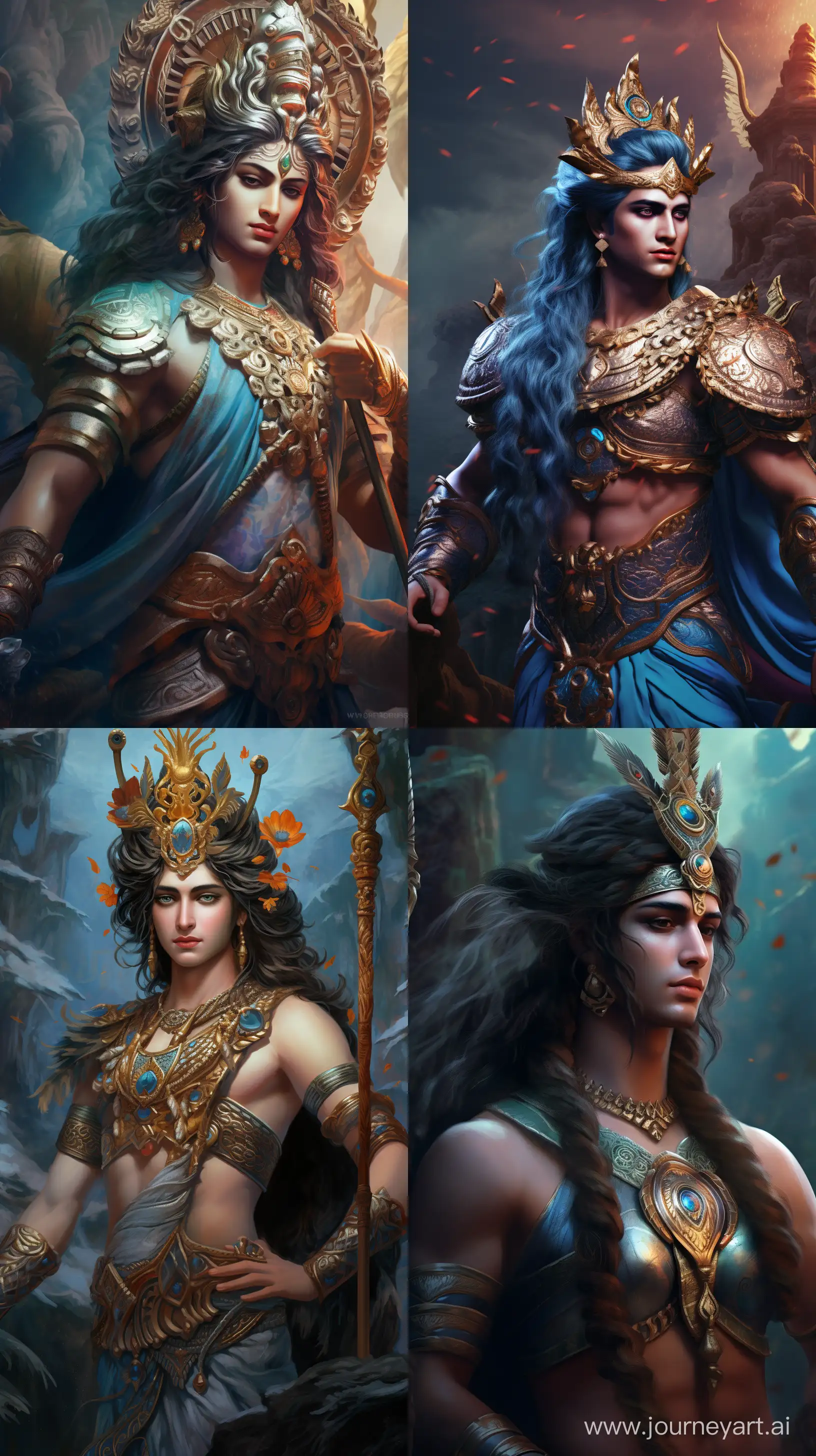 Realistic colorful images depicting Lord Krishna from Hindu mythology with light blue tanned body, crowned, peacock feather in his crown, war scenery, standing, intricate details, 8k quality images --ar 9:16