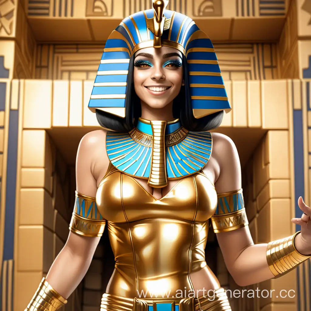 Девушка в образе саркофага фараона с золотой латексной кожей в одежде фараона улыбается