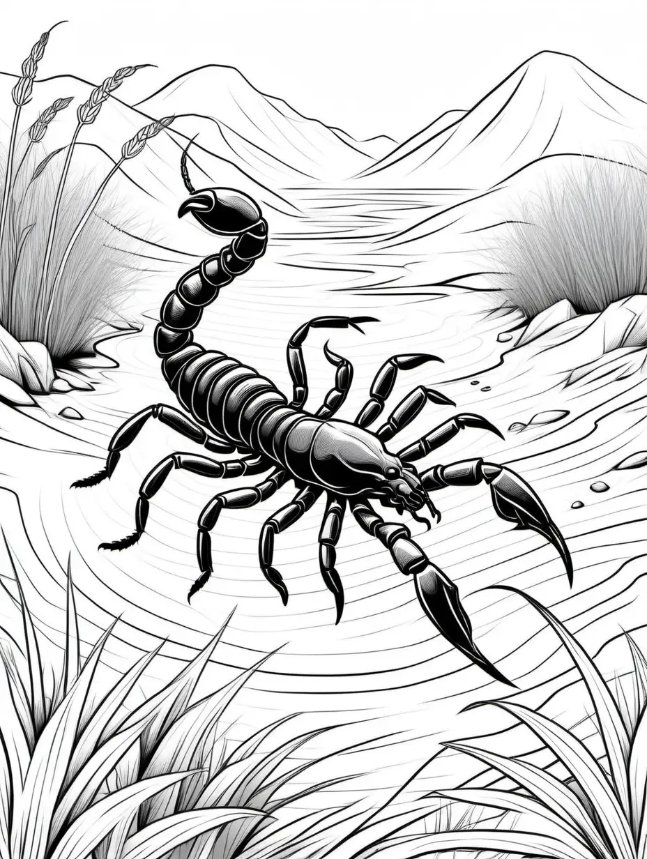 dibujo de en blanco y negro para colorear, lineas vectoriales de escorpion en su habitat