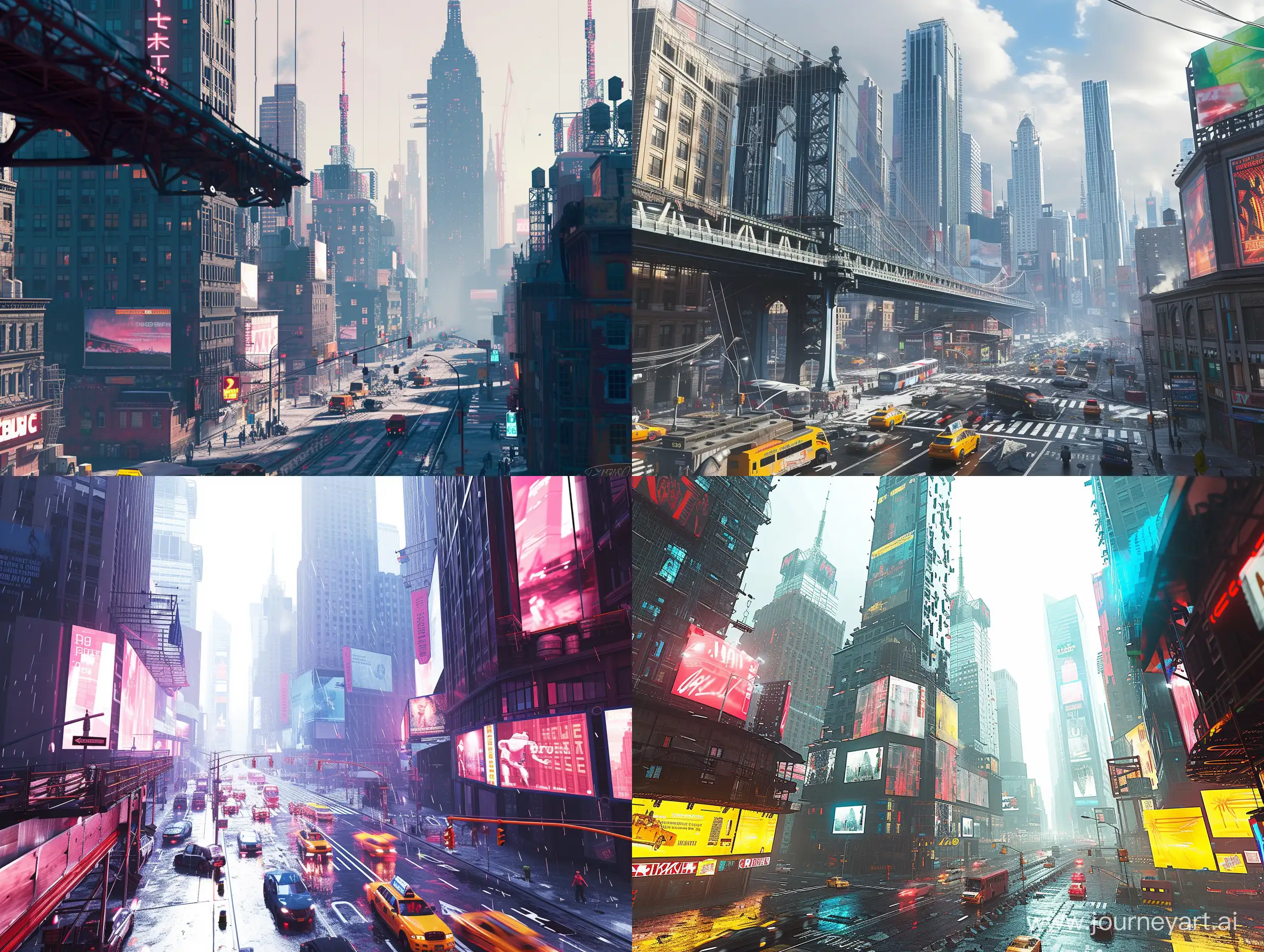 A vibrant science fiction depiction of New York City, featuring cinematic lighting and daytime transportation. The scene includes architectural elements, skyscrapers, and procedural details, presenting an open world environment with a raw style.



