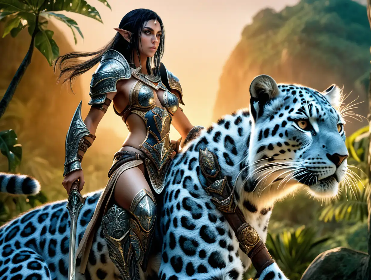 (cinematic lighting), A beautiful female high elf warrior, she's dressed in plate armor, pitch black hair, perfectly proportioned breasts,  Her eyes reflect a mix of determination and vigilance, she's riding on the back of an extremely large spotted leopard wearing armor, background is of a jungle at sunset, full length photo, angle from below, intricate details, detailed face, detailed eyes, hyper realistic photography, unreal engine, octane render