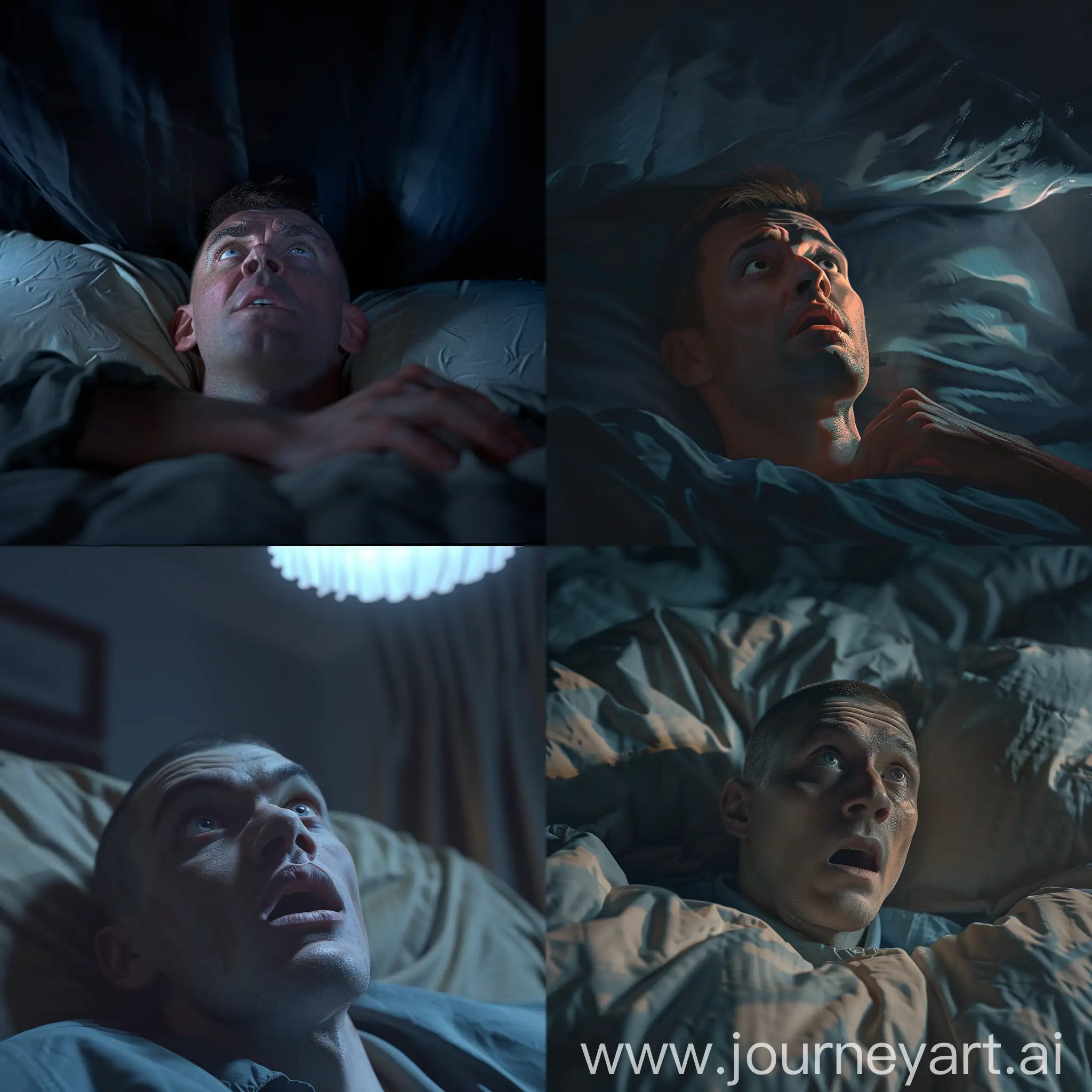 man waking up at night in bed, looking at the ceiling, frightened look, man has short haircut, hyper-realism, 8K image quality, ultra detail 