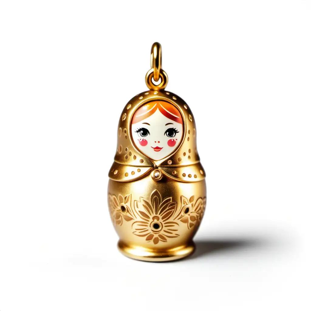 gold matryoshka doll charm on white background