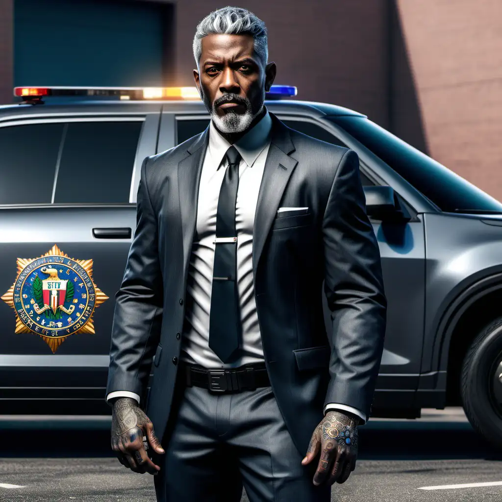 Black Male Detective with Tattoos Standing by FBI Car