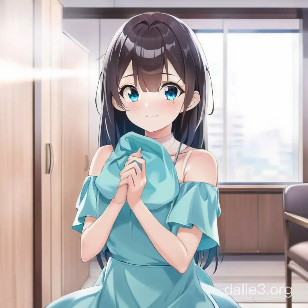 аниме девочка в бирюзовом платье держит в руках перед лицом чистые бахилы