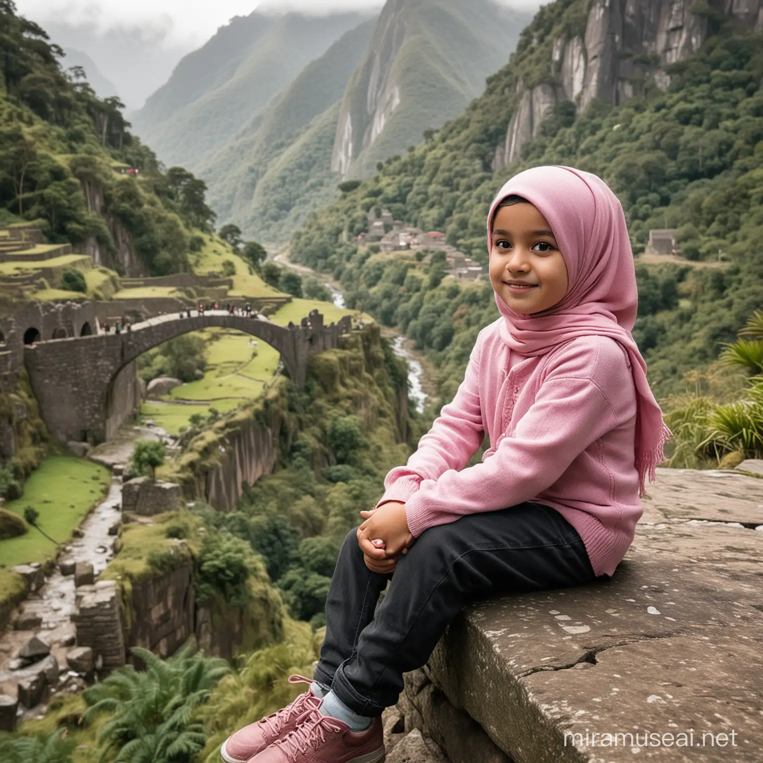 Adorable Girl in Hijab Sitting on Rock by Ancient Stone Bridge in Rainforest