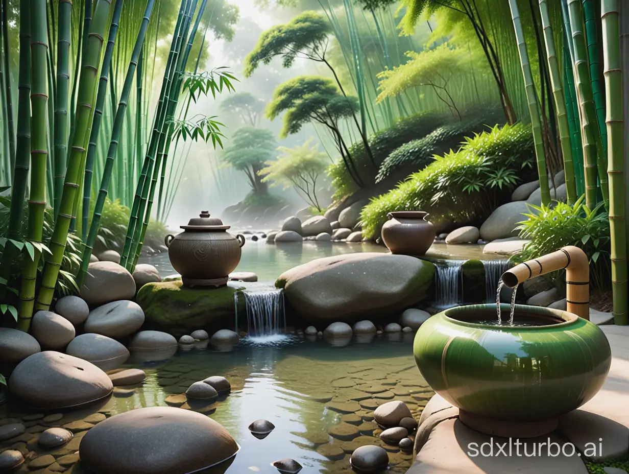 Bamboo-Water-Piping-System-in-Lush-Forest-Setting