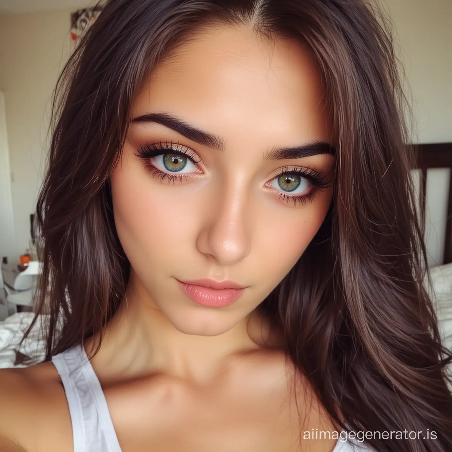 Beautiful Turkish girl with color eyes selfie at bedroom