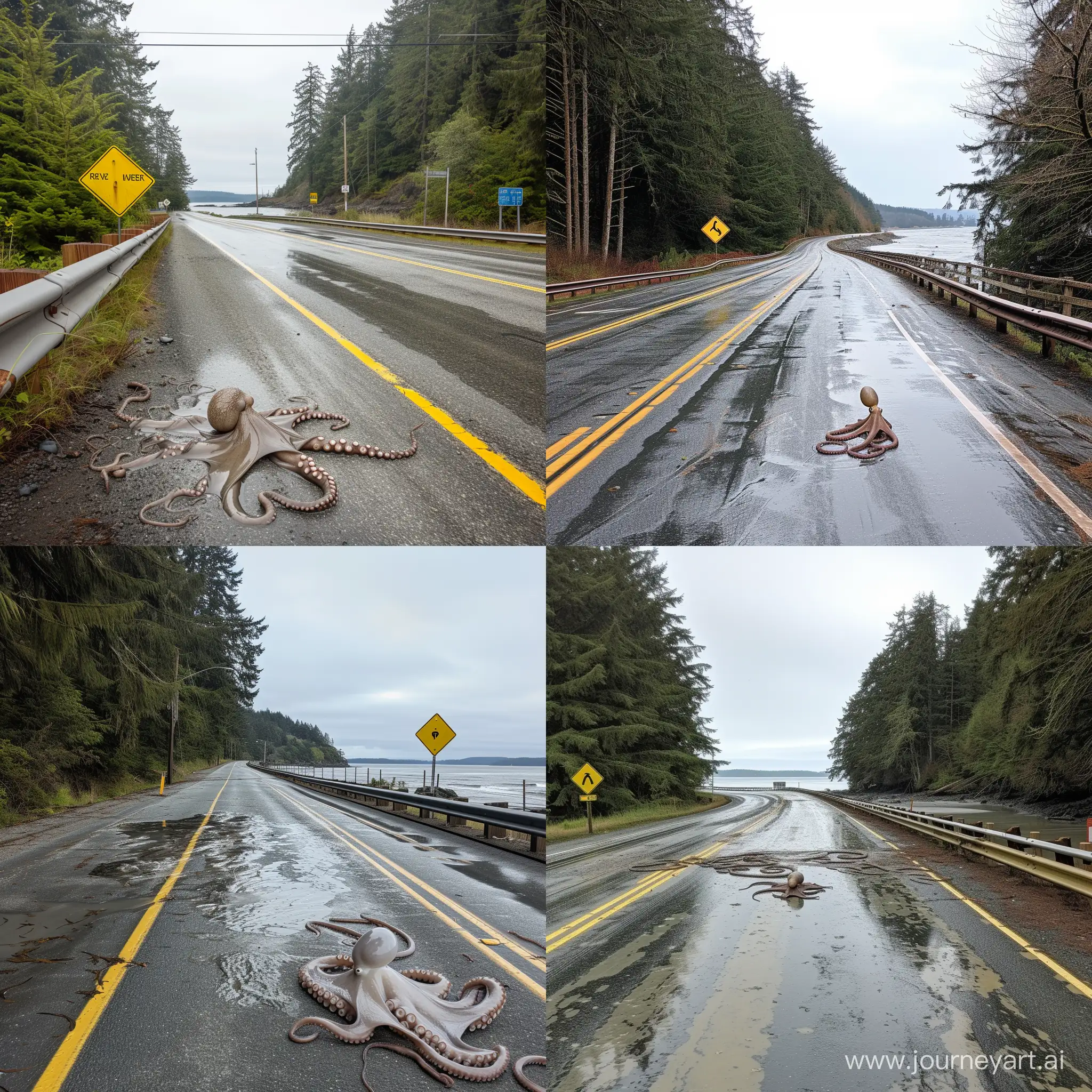 photo of Route 101, separating the temperate rainforests of the Olympic Peninsula from the bay, coniferous trees on the left side, bay on the right past the guardrails with the rocky shore in view, blank yellow diamond sign on the side of the road, a small greyish brown wet glistening slimy octopus crossing the road, octopus is at a distance, crossing left to right, extreme wide shot with entire road in frame, deep depth of field, crisp, detailed, daylight