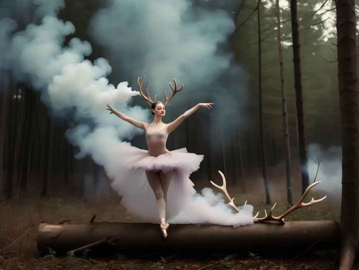 ballerina in the forest, smoke rising from forest floor, she is wearing wooden deer horns.  She is on an embankment with a small clearing and trees above

