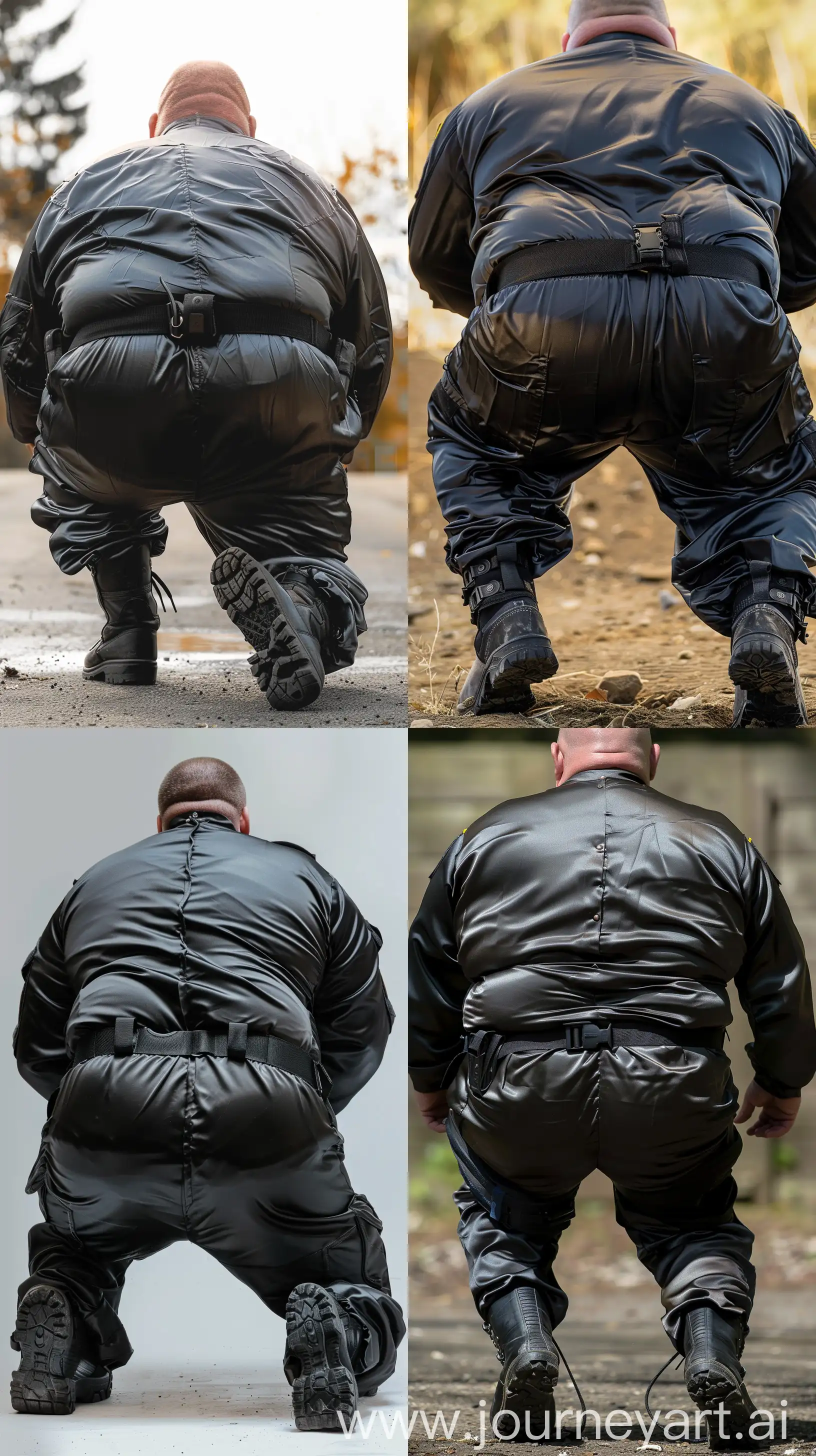 Back view close-up photo of a fat man aged 60 wearing a silk black security guard skinny-fitted full coverall tucked in black tactical hiking boots. Black tactical belt. Knees and hands on the ground. Clean Shaven. Natural light. --style raw --ar 9:16