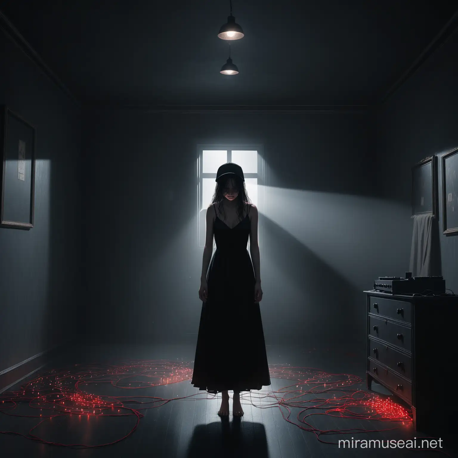 Girl, crying, masterful man, a little far, tall style, head down, middle of the picture, long black dress, black cap, room a little messy, red thread lights, ghost hands attacking the girl, sad, inside the room,  Gray room, professional lighting, cinematic, many details, high quality, realistic, music cover