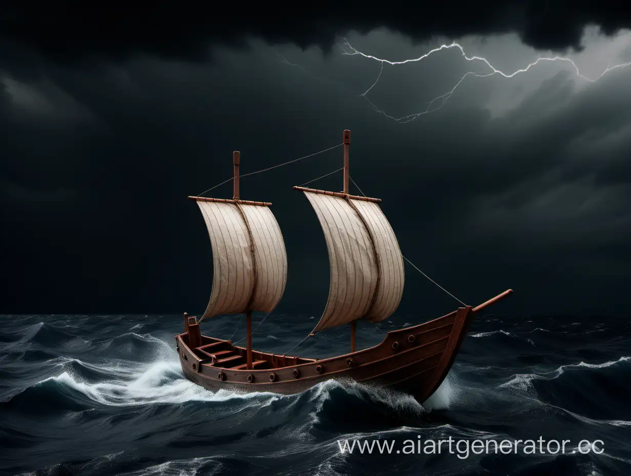 Small-Wooden-Ship-Sailing-in-Stormy-Waters