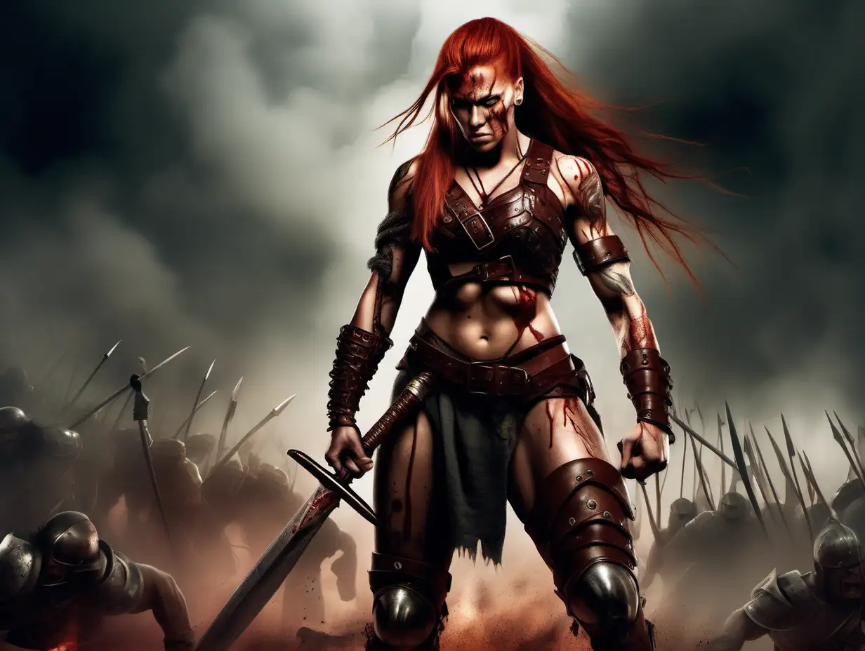 Full height extremely muscular tattooed red haired female barbarian with hair in a single long braid flexing her biceps and scowling on a smoky battlefield carrying a bloody sword and wearing sleeveless brown leather armor