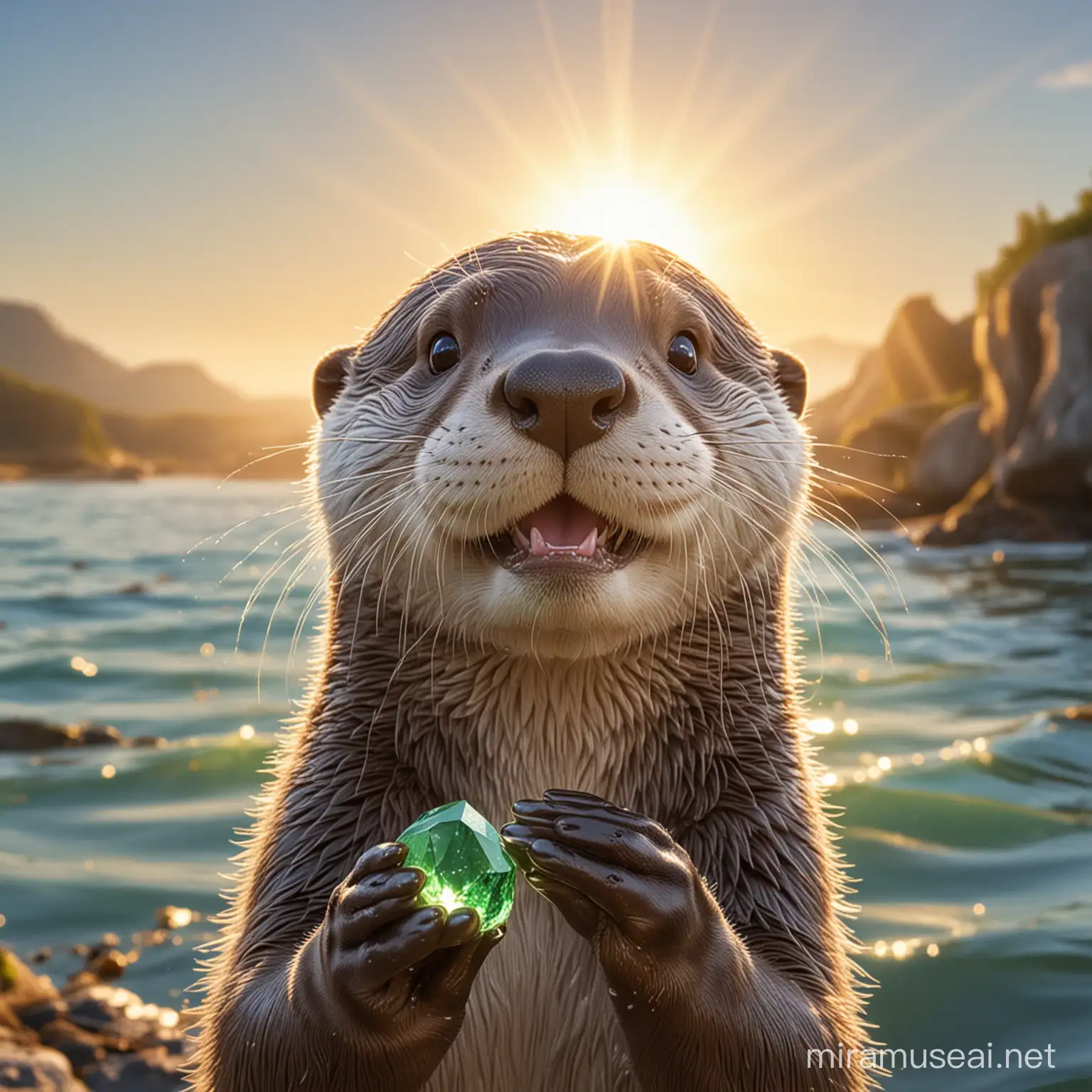 a smiling otter-girl is holding up a valuable green crystal to the sun to peer through it