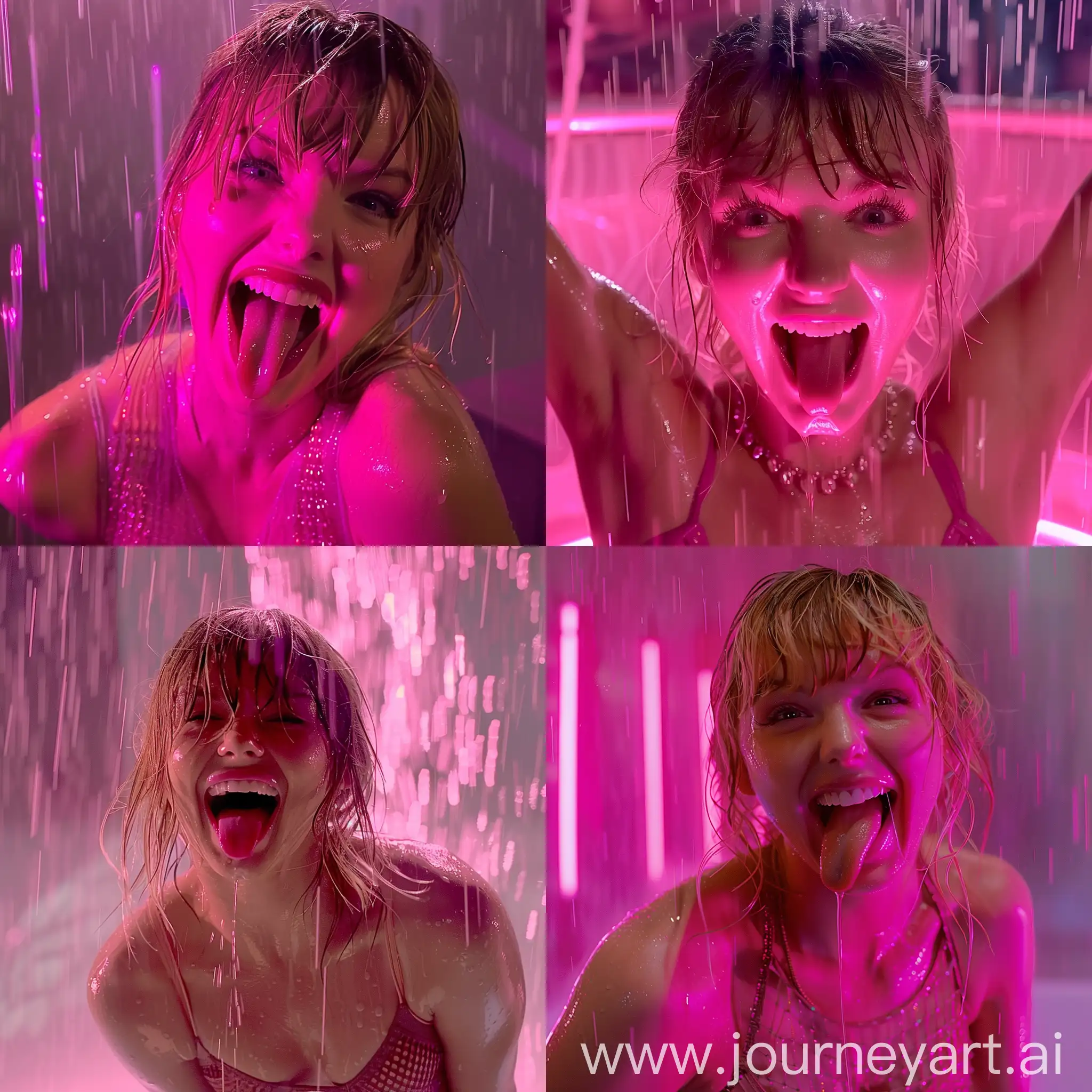 movie still, taylor swift at the eras tour, happy, tongue cleaning teeth, perspiration,fit abdomen,sheer top,pink lighting,pink lipstick,messy bangs,rainy day