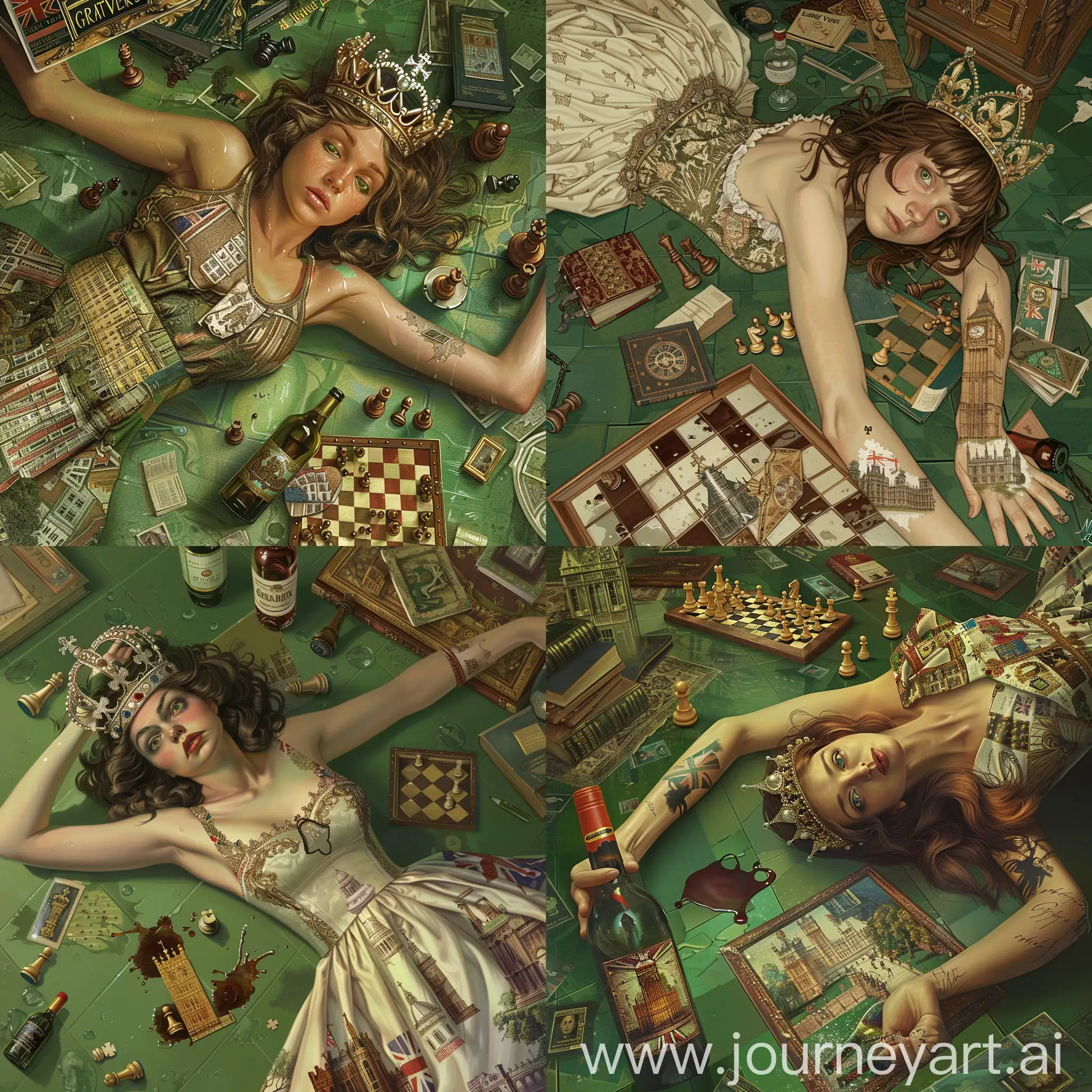 Woman is lying on the floor, one arm stretched along her body. She wears monarcy round crown of Great Britain on her head. The girl has a calm face, green eyes, and brown hair, face very smart and indifferent. Nearby lies a chessboard, spilled bottle of wine, and books. The floor is green, with harmonious and beautiful colors, creating an atmosphere of intellectuality. The girl wears a dress covered her hands print with Big Ben and Buckingham Palace.  renaissance illustration, showcasing stunning intricate detail, style of leonardo da vinci, dramatic