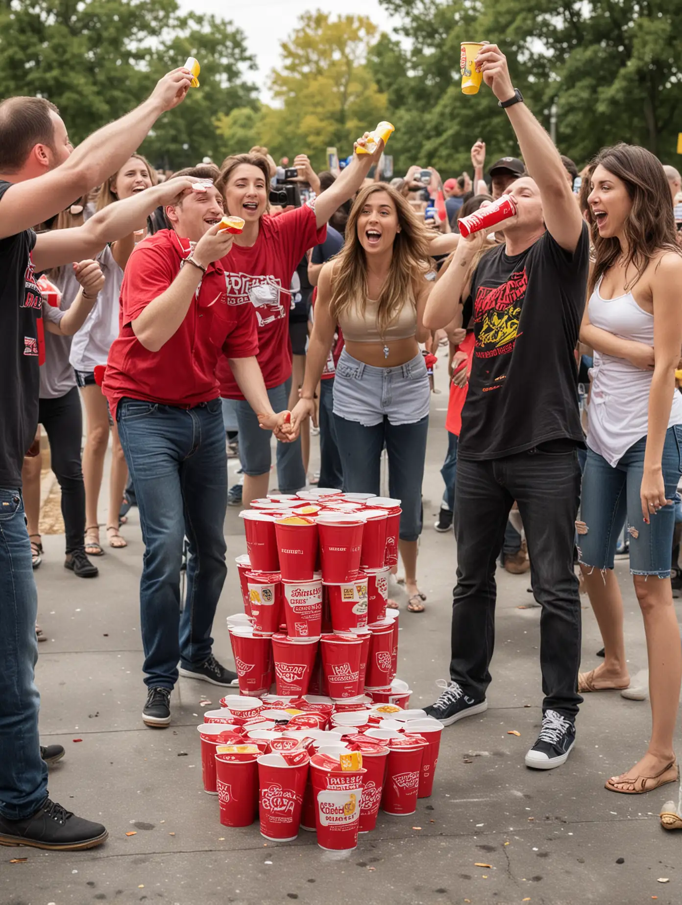 Joey Chestnut and friends tossing mustard packets into a red solo cup from a Distance