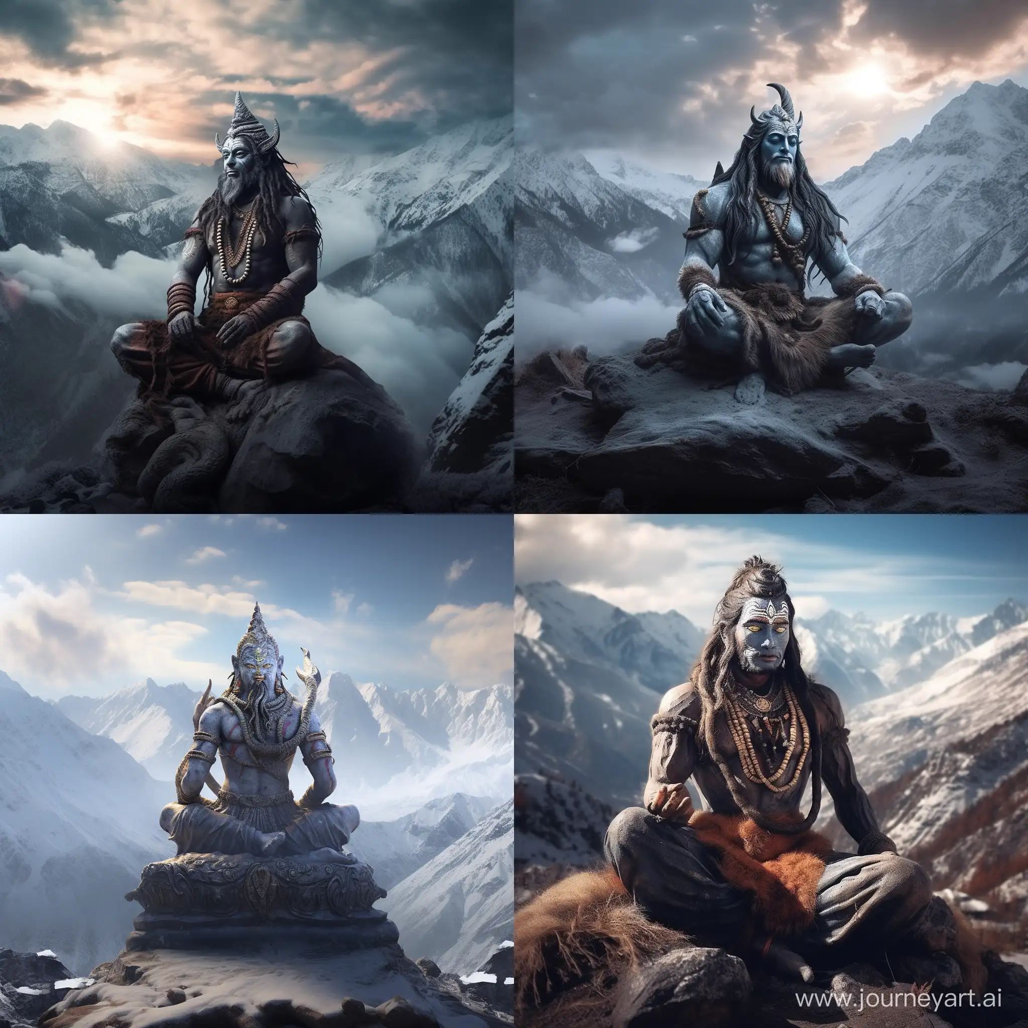 Indian god lord shiva mahadev watching earth, setting on Mount Everest, where is spiritual environmental