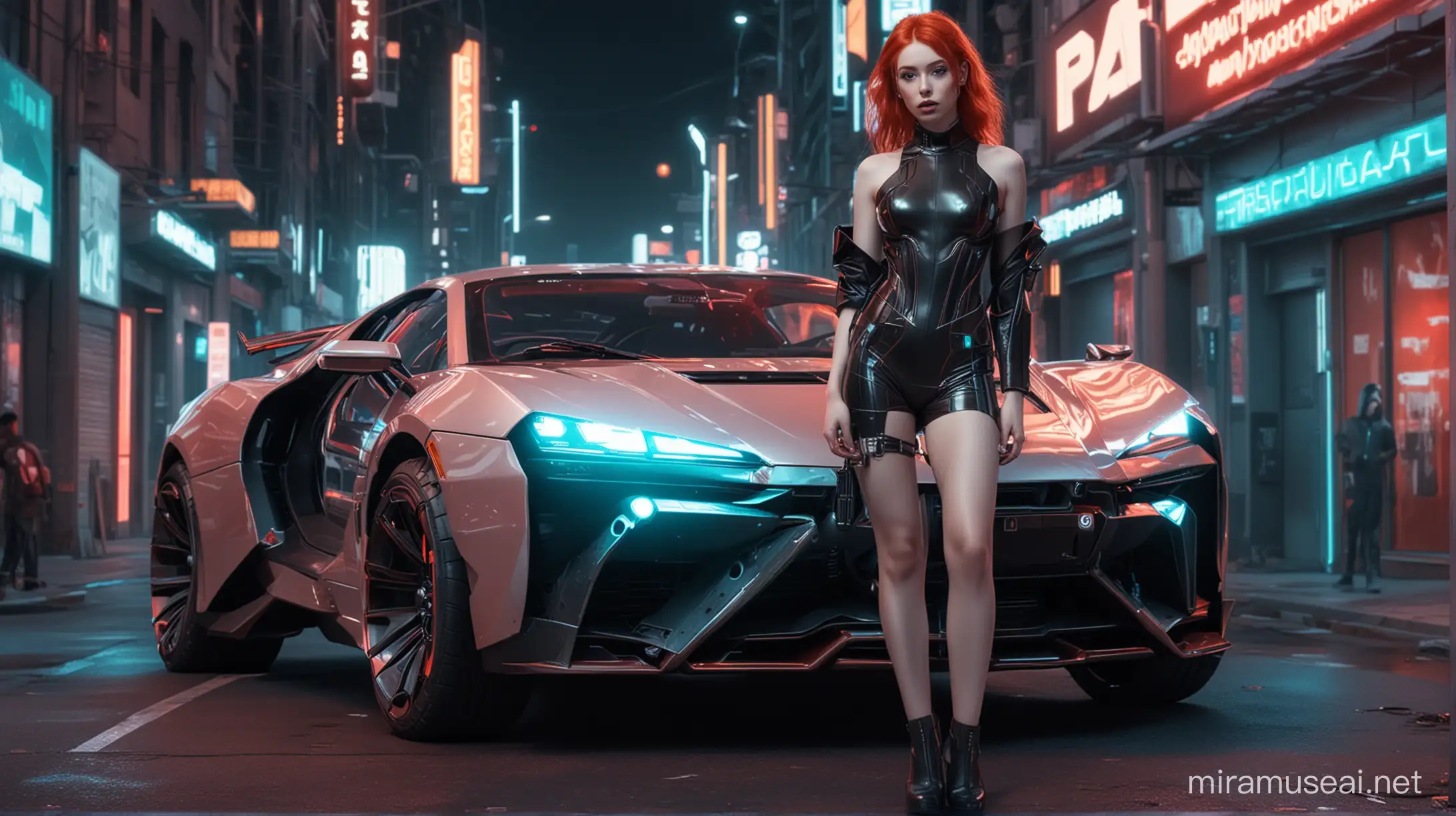 Fashionable Girl with Futuristic Style, pale skin and red hair by a Cyberpunk Car on a neon lit street