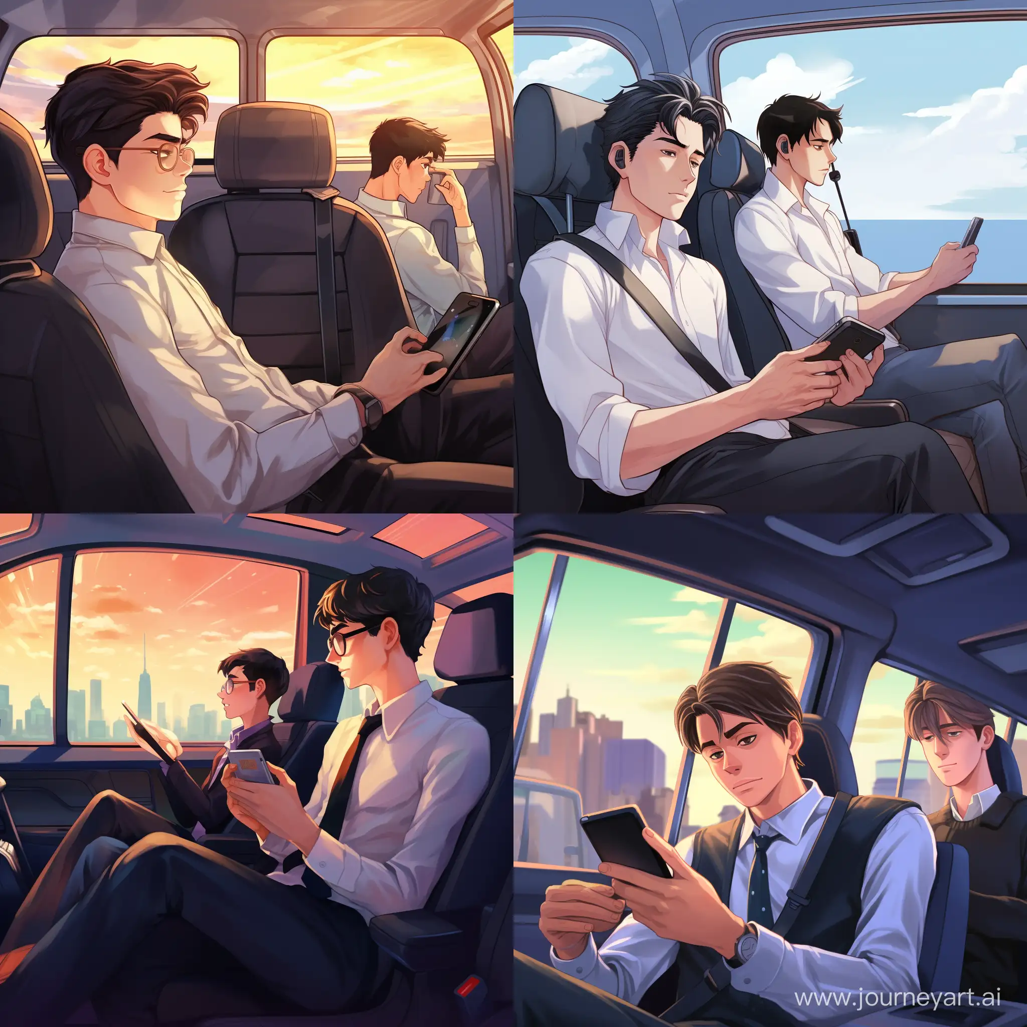 View from the rear right seat of the entire interior of a left-hand drive business class car, a guy driver is sitting behind the wheel, one boring guy passenger is sitting in the back left seat, holding a phone in one hand, anime style