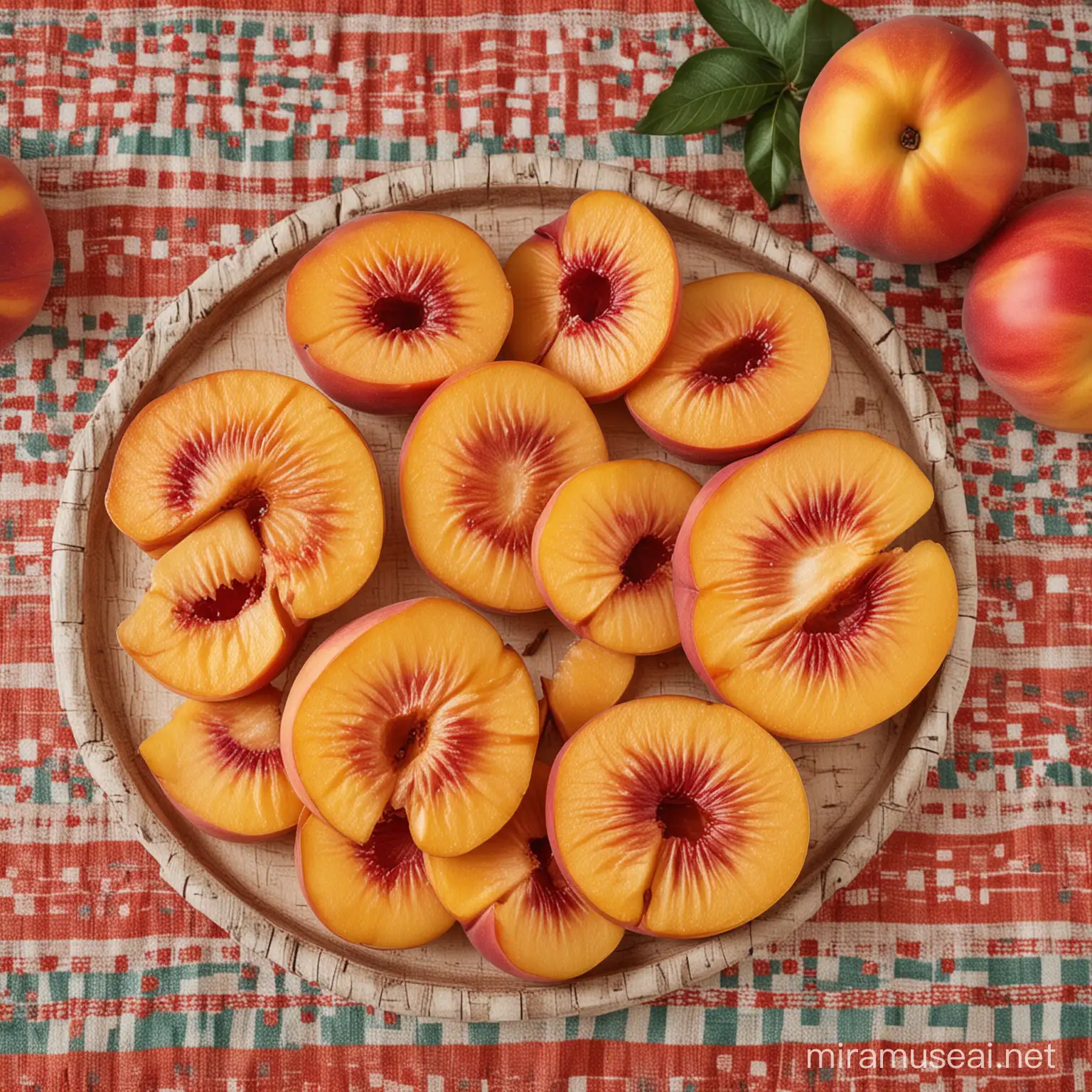 some nice and colorfull sliced peaches on a table with a fancy tablecloth
