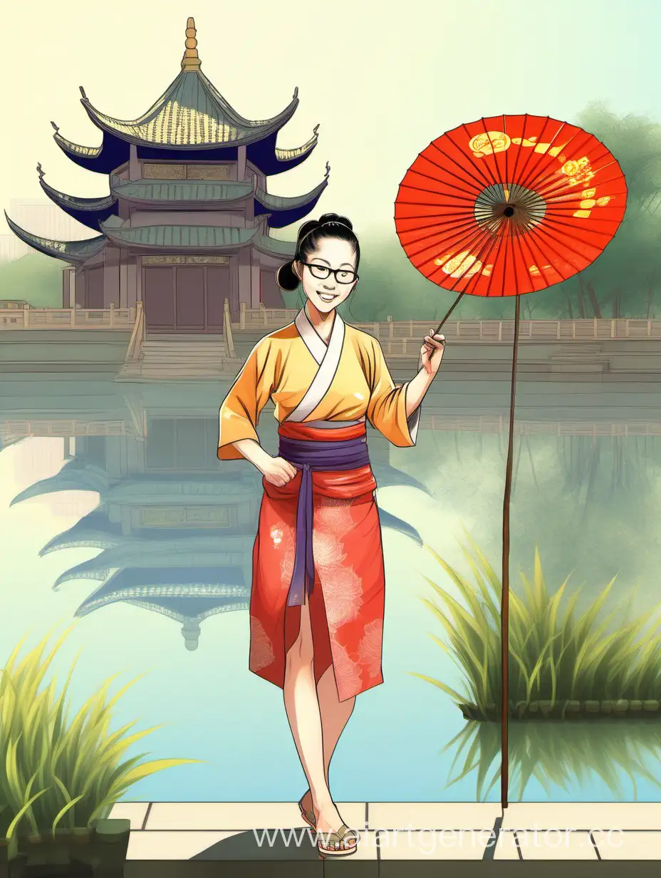 A full-length, thin, smiling Chinese young woman with a narrow waist, wide pelvis, muscular legs and hairy crotch, wearing glasses and carrying a fan, stands near a pond against the background of a pagoda on a bright sunny day