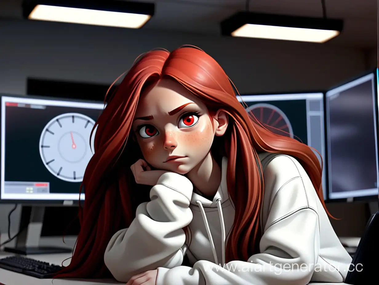 Девушка с красными, длинными волосами, глазами коричневого цвета, сидит перед монитором , одетая в белую толстовку