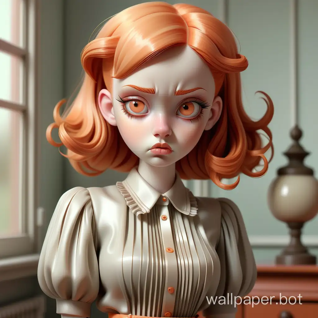 girl with orange hair, unusual hairstyle, detailed reflective eyes, plump lips, clear skin, clothing - blouse and pleated skirt, sharpness. soft delicate colors, natural light. waist height, high quality, high detailing. Mark Ryden style