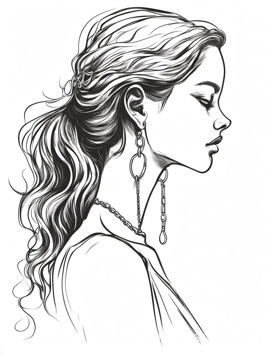 рисунок контур профиля красивой девушки в тонких серьгах и с тонкой цепочкой на шее