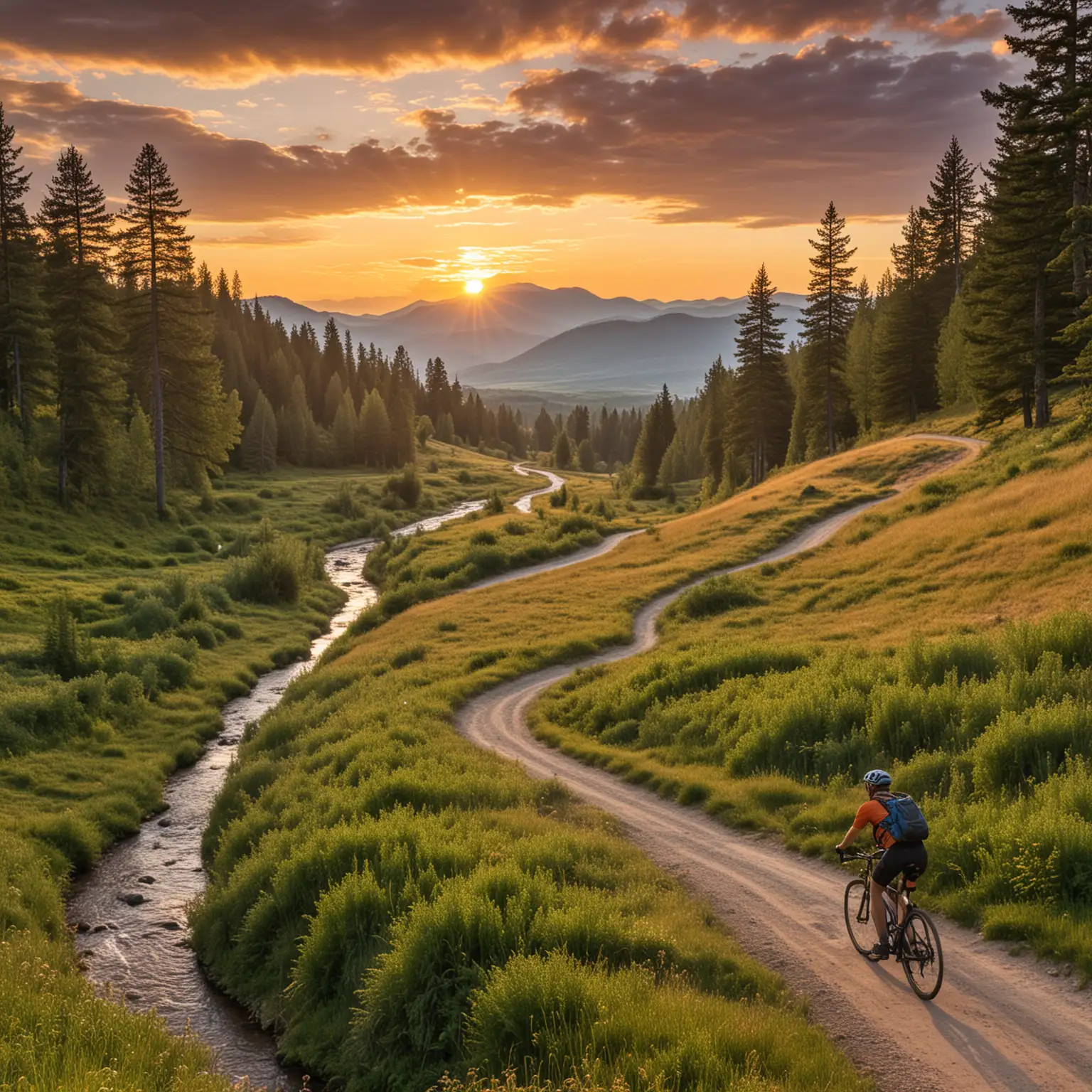 Sunset Cycling Adventure Mountain Landscape with Forest and Winding Trail
