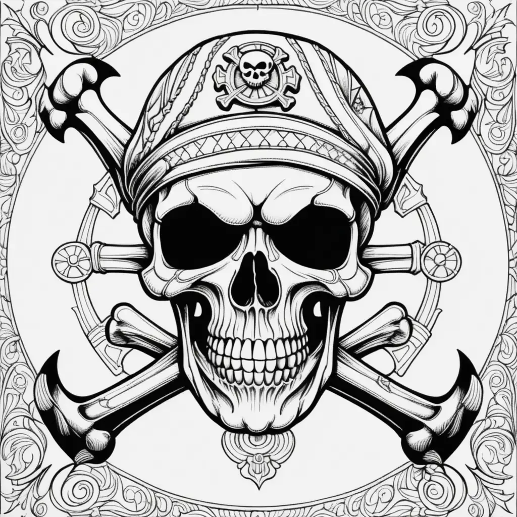 Low details, empty background, white background. Adult coloring book, black and white, cartoon style, dark-lined, no shading, tattoo of symmetrical pirate skull and crossbones.