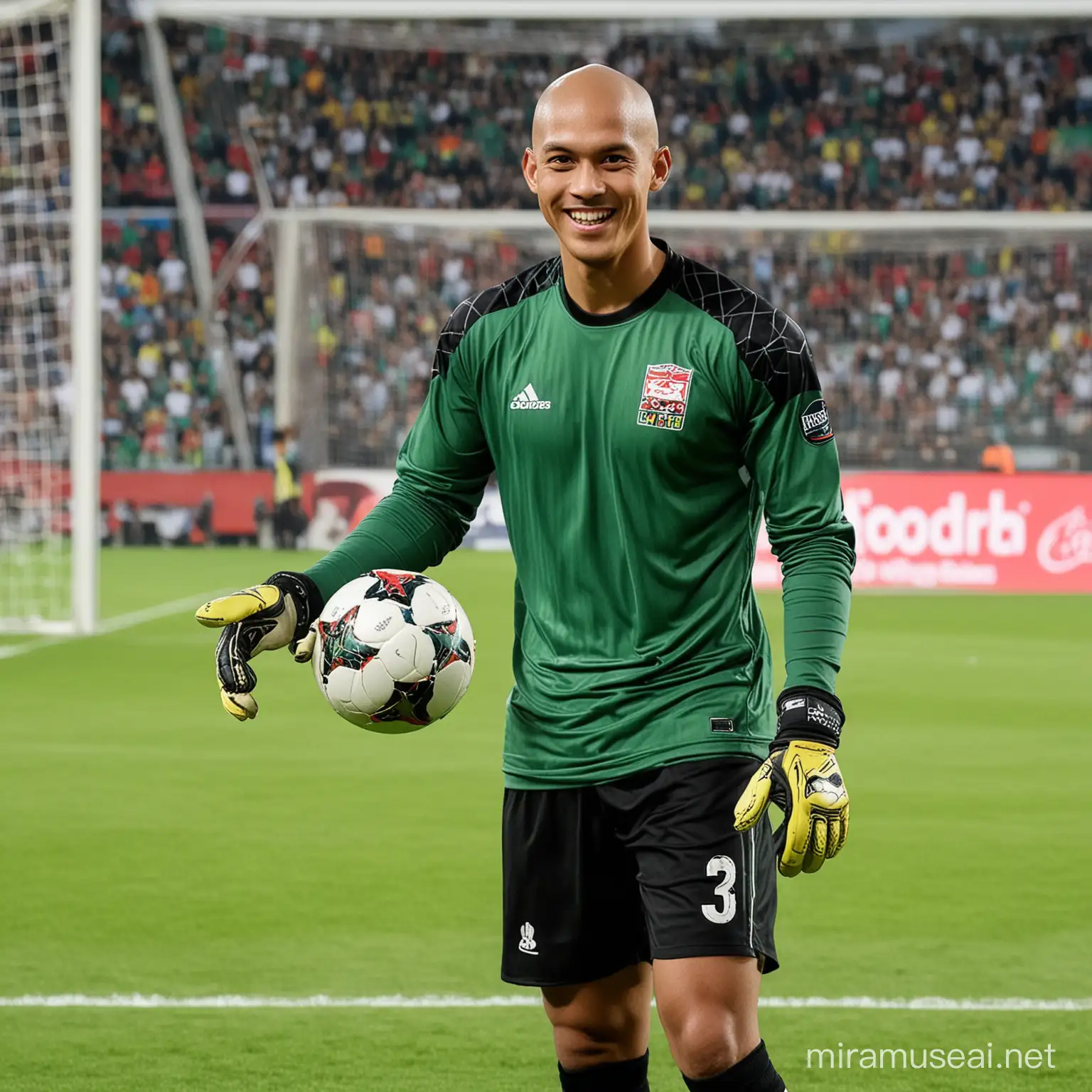 photo of a soccer goalkeeper from Indonesia with bald hair, wearing a green long-sleeved shirt, wearing goalkeeper gloves, black socks, black soccer shoes, holding the ball while smiling faintly, background of a soccer stadium field