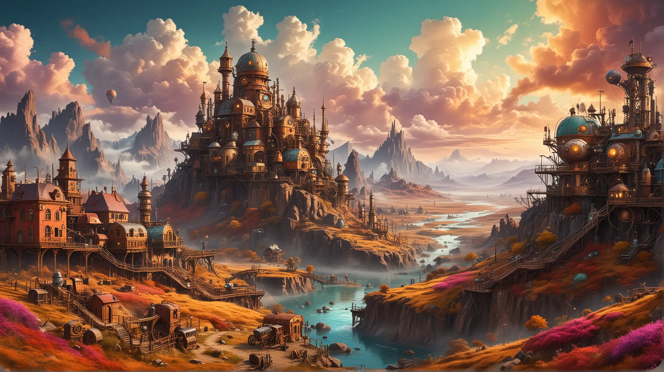 Vibrant Steampunk Landscape with Funky Colors
