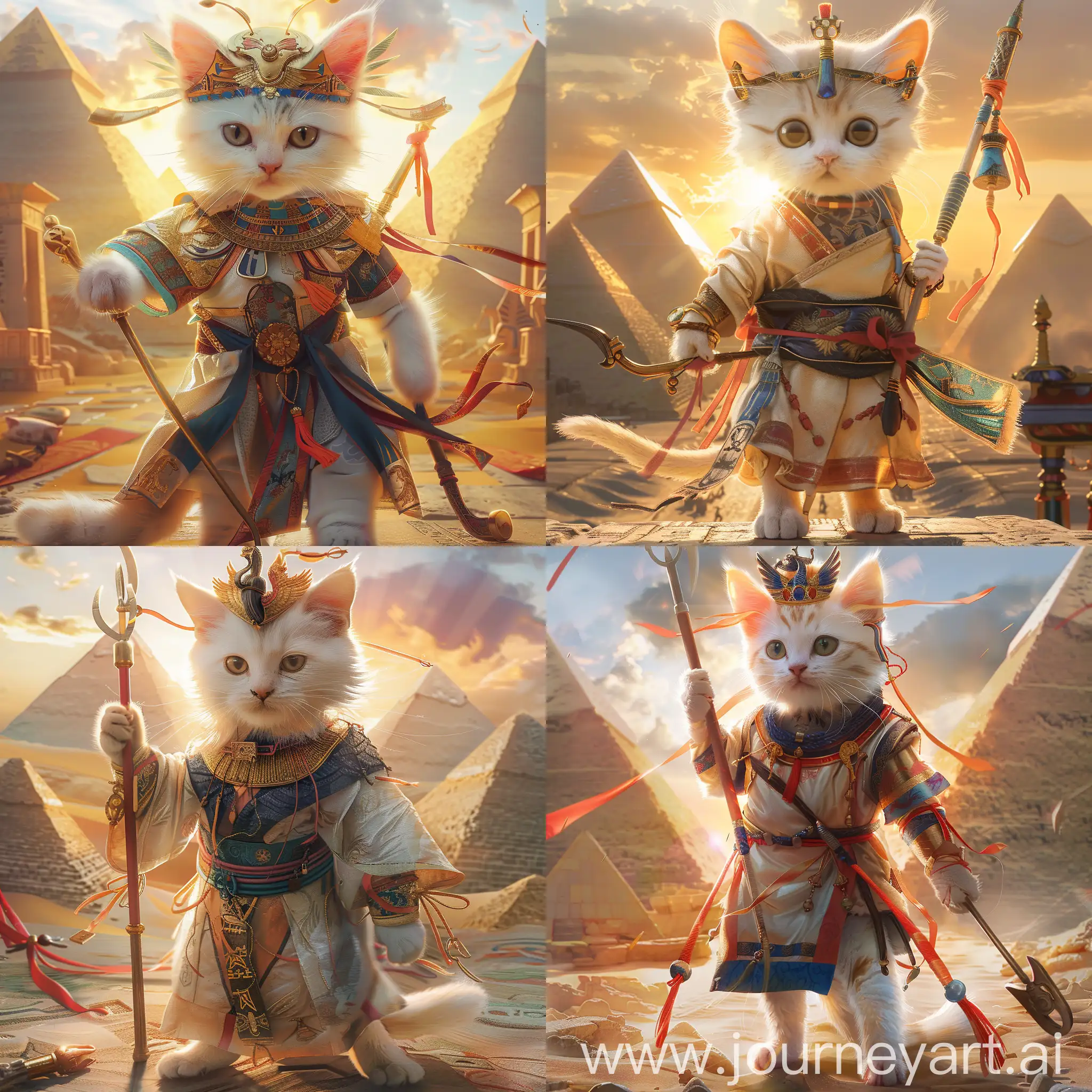 提示：可爱的白色小猫变身埃及法老，穿着唐装，戴着凤冠，手持镰刀和连枷，可爱的表情，金字塔背景，全身，逼真渲染，高清，32K：电影摄影风格，阳光，全景视角，高细节