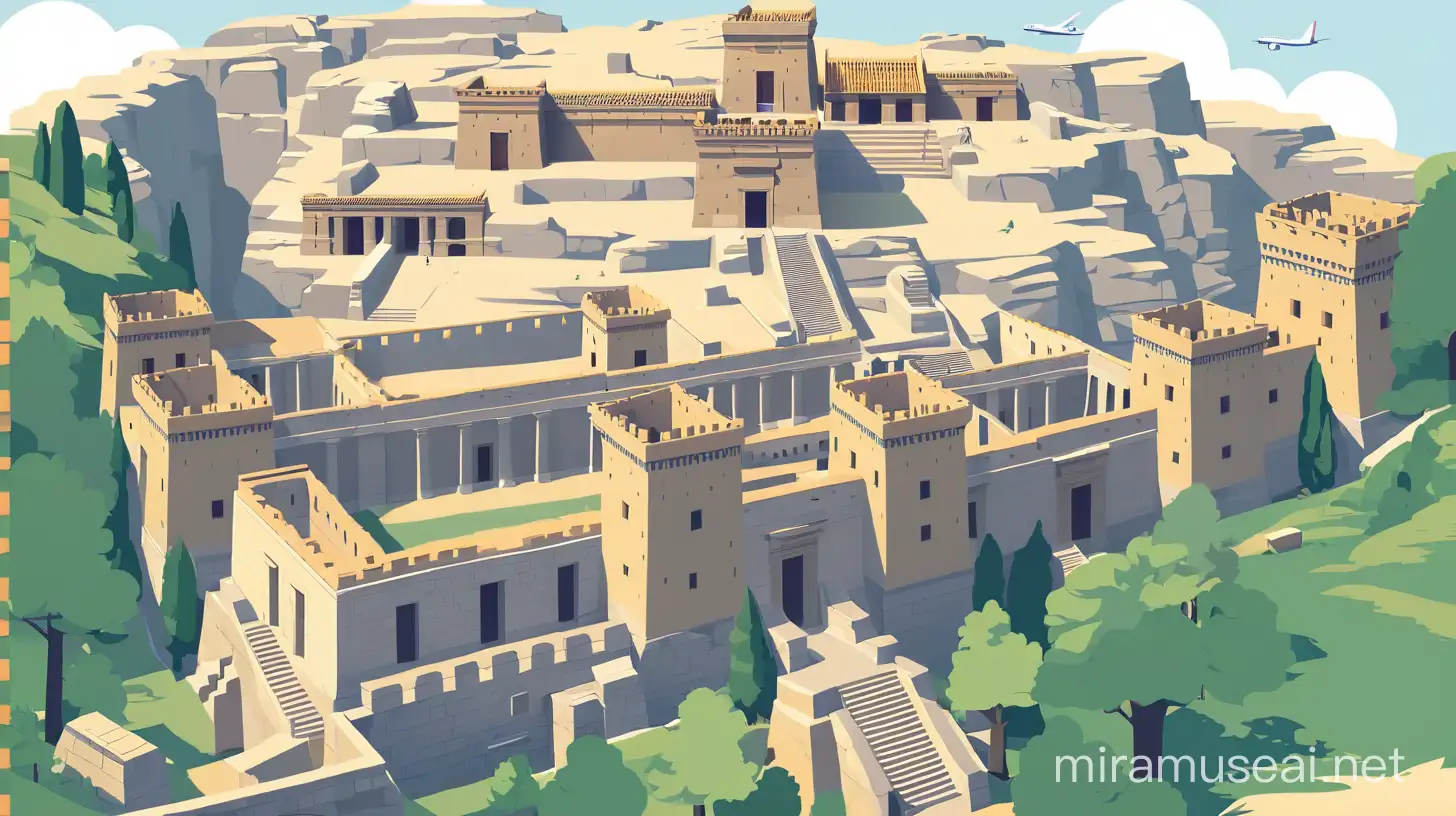 Mixed style of flat vector art and travel poster: recreation of ancient city of hattusa.