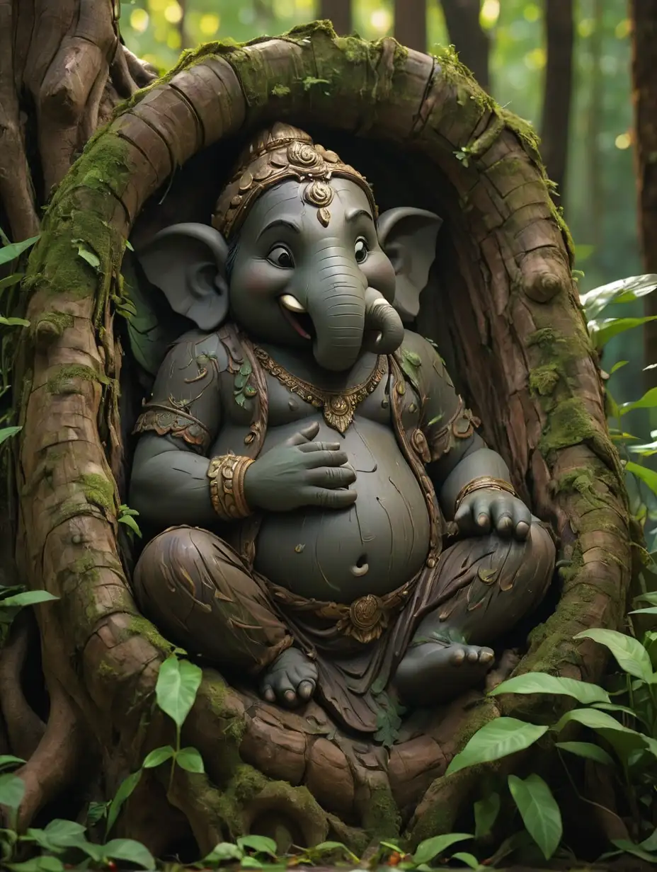 Sitting laughing Ganesh idol made in a big dark teakwood tree trunk with uneven camoufladging dark teakwood and green creepers, artistic idol, happy facial expressions, natural look, forest background, sunset, matt finish, 4k, waterfall around idol