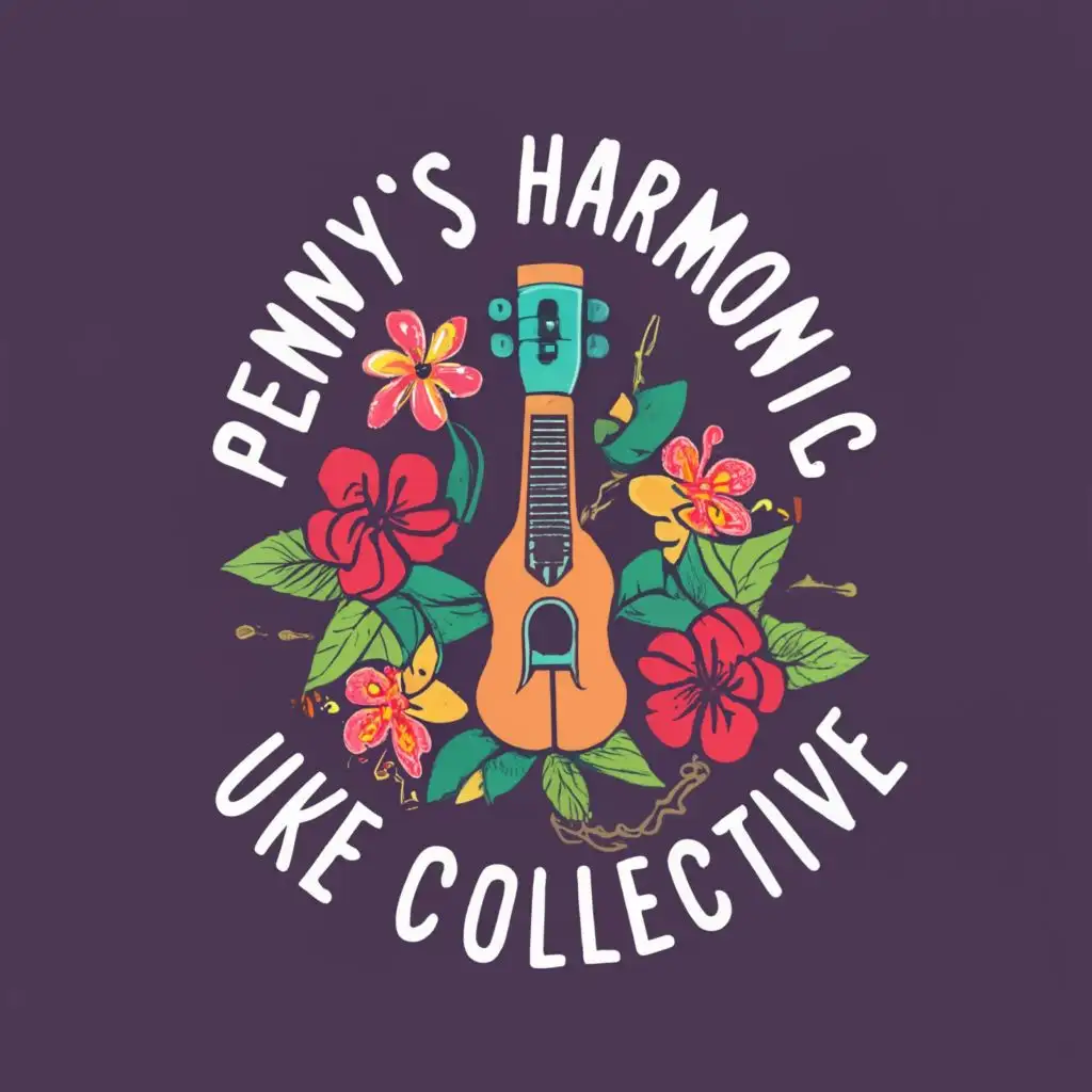 logo, Ukulele, Harmonica, hibiscus, with the text "Penny's Harmonic Uke Collective", typography