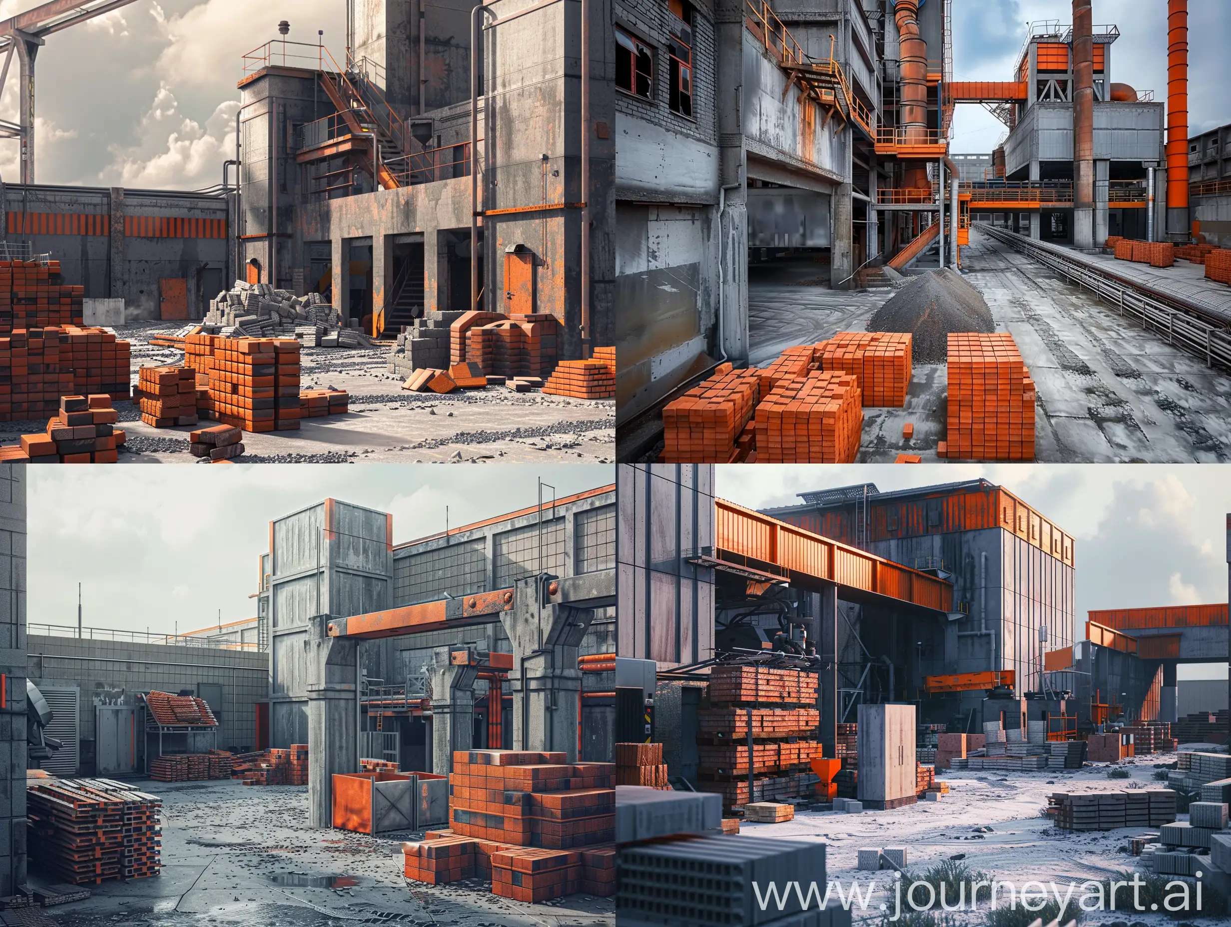 hyper realistic photo shoot of a very huge and equipped brick factory from outside, also there are some stacks of bricks placed in the yard if the factory, nice and pro, shot from semi far distance
dark gray and orange themed