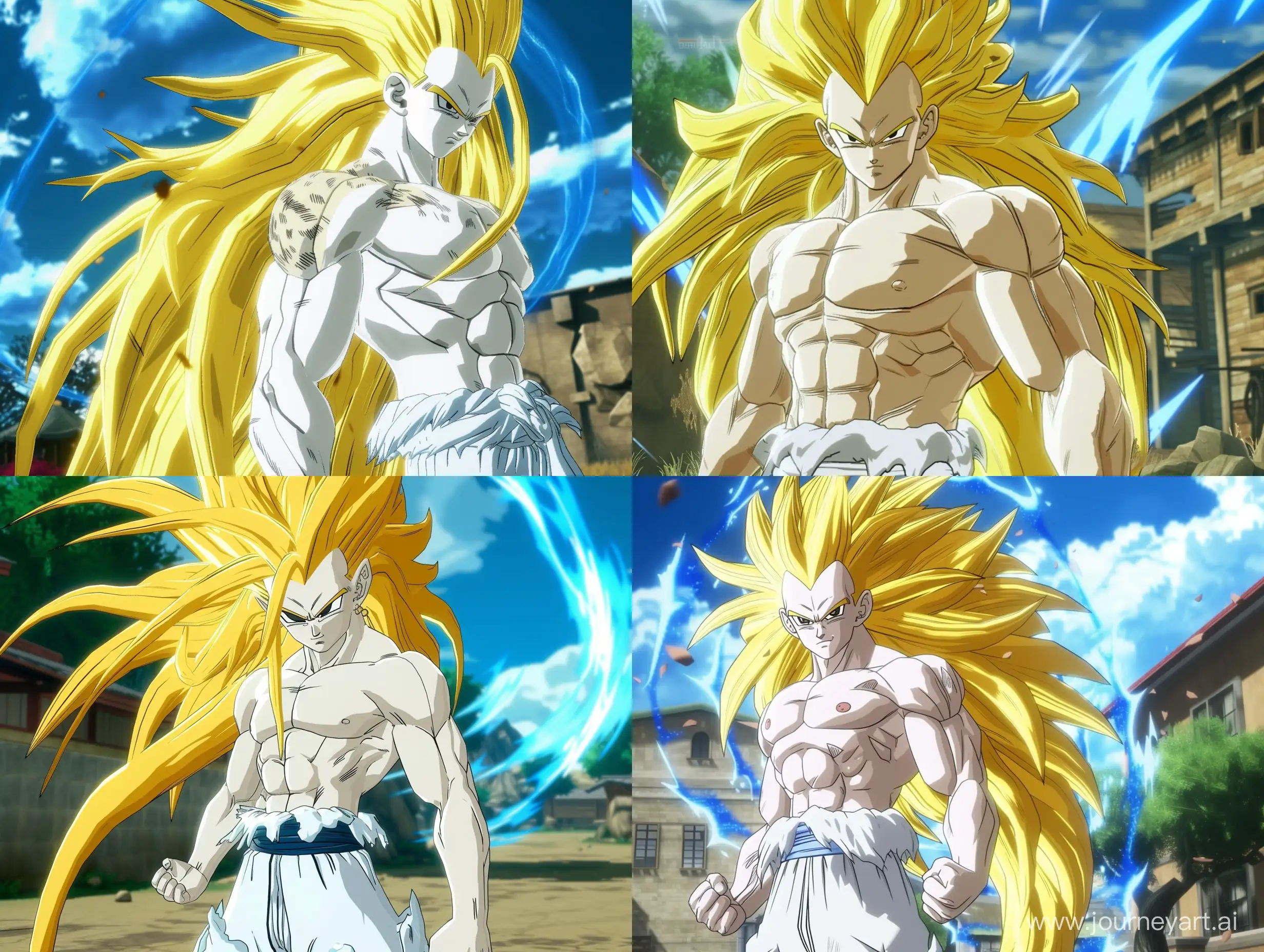 A dbz xenoverse still of a white character, shirtless, long yellow hair, black eyes, outside, full view, vibrance, blue aura,