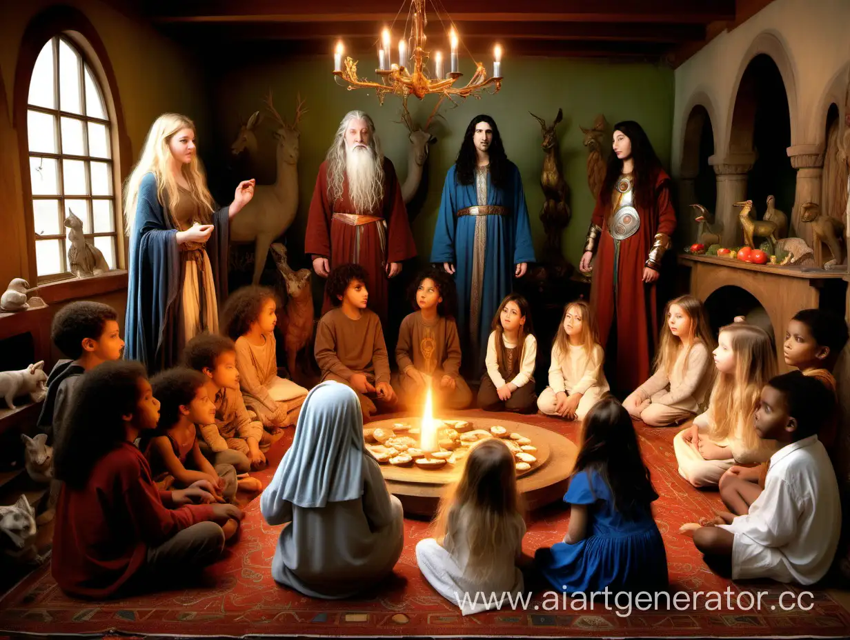 Six Northern European, Southern European, Eastern European, West European, Central European, and six Middle Eastern, Central Asian, South Asian, Eastern Asian, North African and Black African children celebrating Winter Solstice indoors in a festive, decorated hall with Jesus, Christ, Odin, Freya, Krishna and Ishtar and Aphrodite and Lilith and Goddess Danu  and Pan  and Gandalf  and  Galadriel  and animals