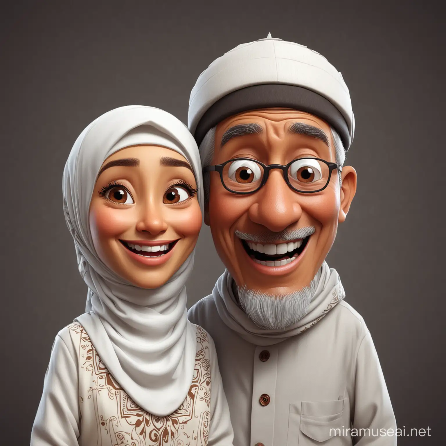 A cartoon caricature of A Couple Indonesian Age 70's, man wearing white moslem flat cap and woman wearing hijab, white moslem cloth with brown pattern and making fun faces in the style of Pixar, background is dark solid gray
