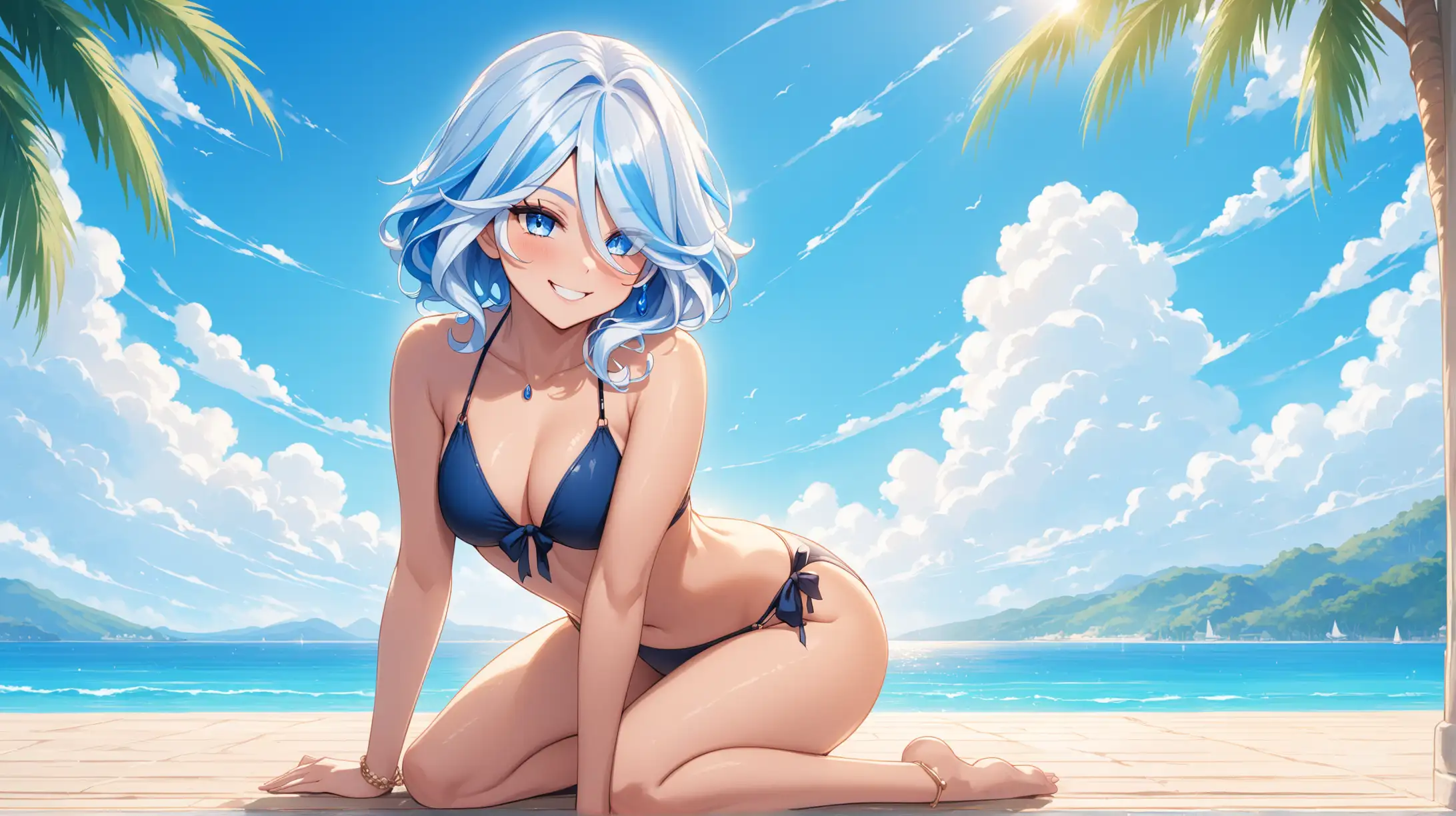 Draw the character Furina, high quality, natural lighting, long shot, outdoors, seductive pose, swimsuit, smiling
