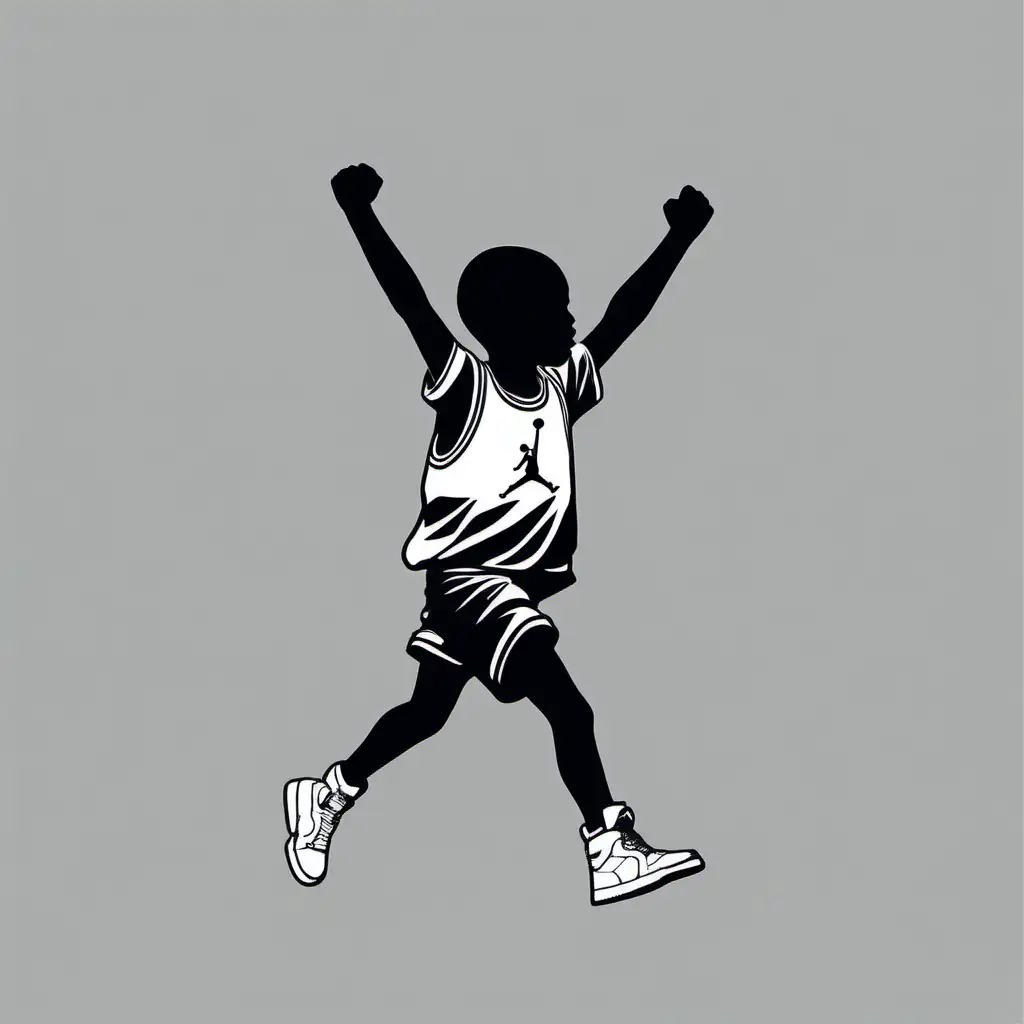 /imagine a flat pictorial logo of a silhouette of a small boy crossing the finish with his arms in the air in celebration, in style or air jordan logo, minimal, by virgil abloh --no realistic photo details, no shading detail