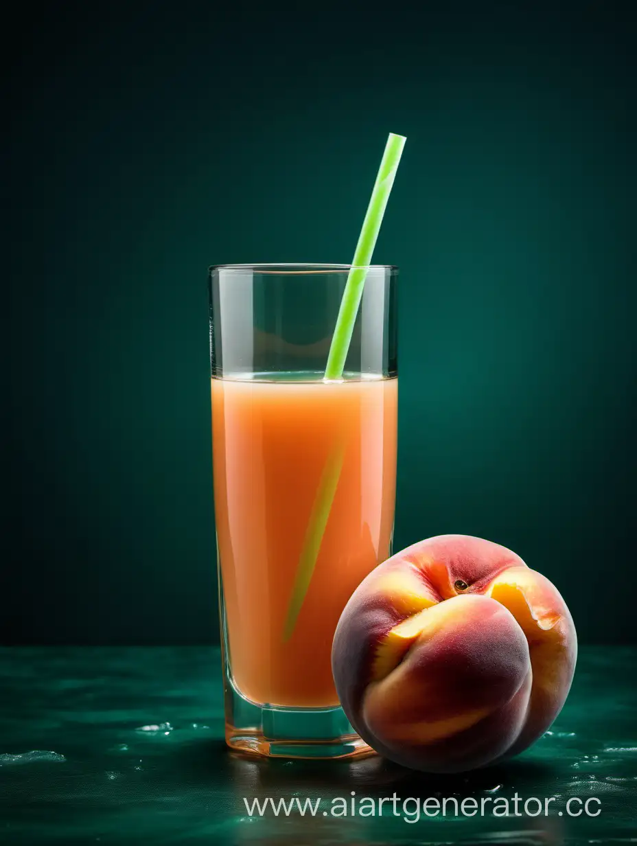 close up of peach with glass juice DARK sea green background