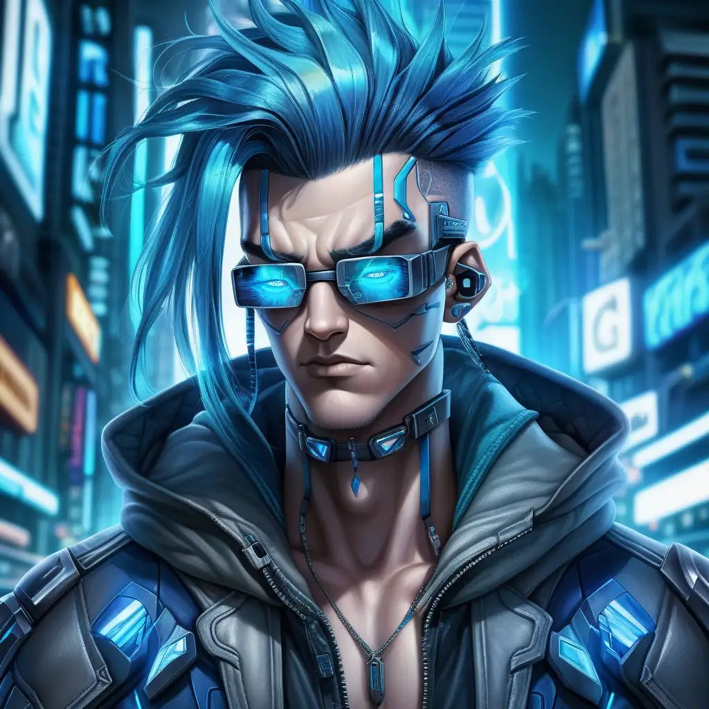 Big man slumped shoulders and cybernetic eyes flashing behind mirrorshades. Wild all over blue tipped hair with dark roots. Dressed futuristic Urban flash.